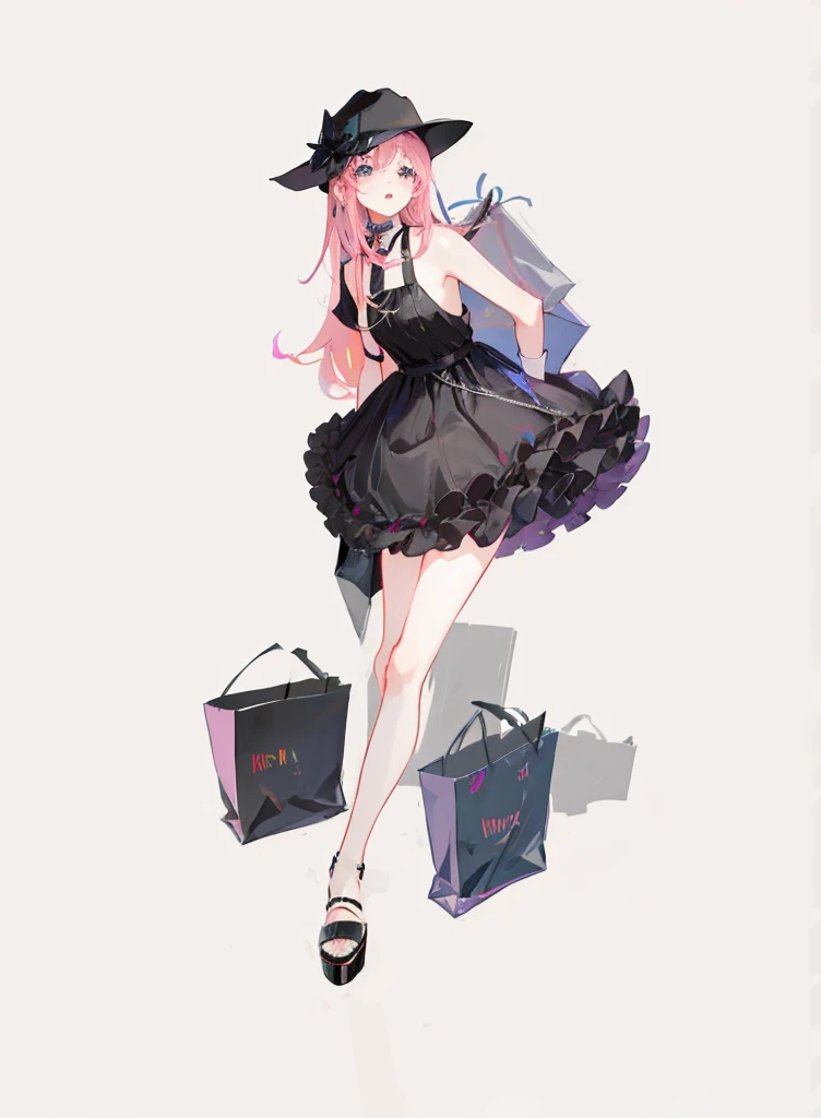 Wearing a black dress、With a hat on、Anime girl holding shopping bags, Anime girl wearing black dress, Stylish girl, sh, high-heels. Anime style by pixiv, lolidress, high quality character design, Girl with pink hair, guweiz, style anime, Cute anime waifu wearing beautiful clothes, Pixiv style, Beautiful girl with long pink hair