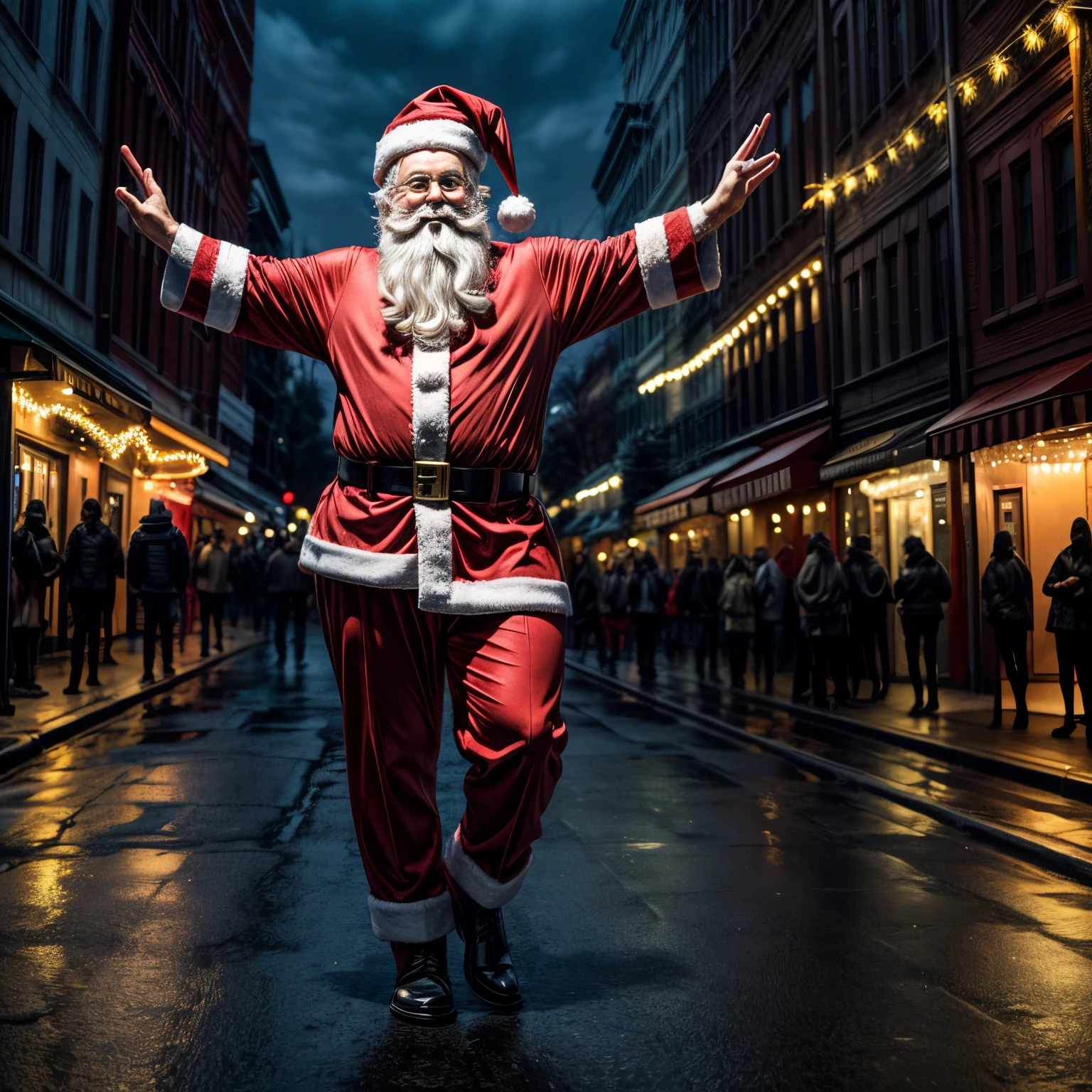 Santa dancing, full body shot, (sfw:1.5), Christmas night street