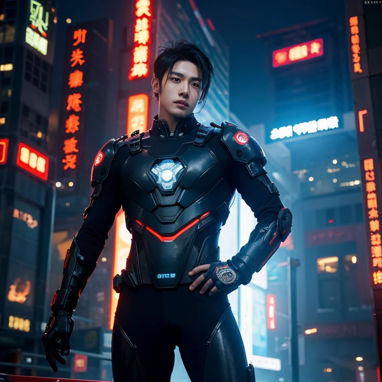 Cyberpunk world,scientific fiction,male people: 28 year old,china idol,Wearing a mech suit,of handsome guys,CG animation