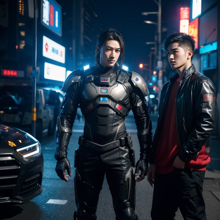 Cyberpunk world,scientific fiction,male people: 28 year old,china idol,Wearing a mech suit,of handsome guys,CG animation