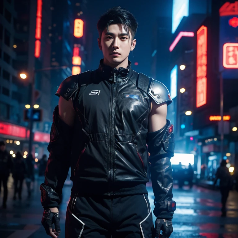 Cyberpunk world,scientific fiction,male people: 28 year old,china idol,Wearing a mech suit,of handsome guys,CG animation