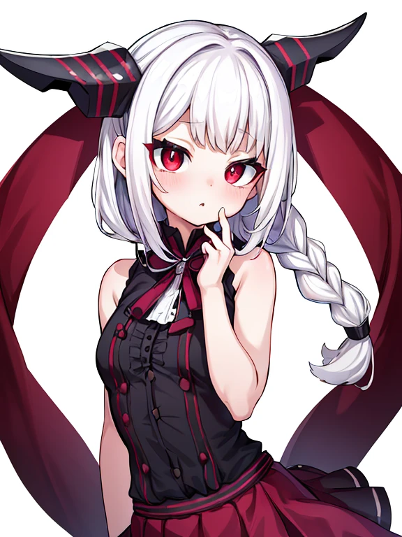 a 20 yo woman, (white background pure white background:1.5), full bodyesbian, (tmasterpiece:1.2), Best quality at best, 8K, Bright art style, (Incredibly ridiculous absolute resolution:1.5), 超高分辨率, (Natural skin texture, hyper realisitc, softlighting, Sharp), Original Character, Wearing a blackberry sleeveless shirt and a burgundy flared skirt, Fashionab, The delicate texture of the garment, There are a lot of decorations, Medium to long white hair, short braids, wine red eyes, Playful and beautiful facial features,