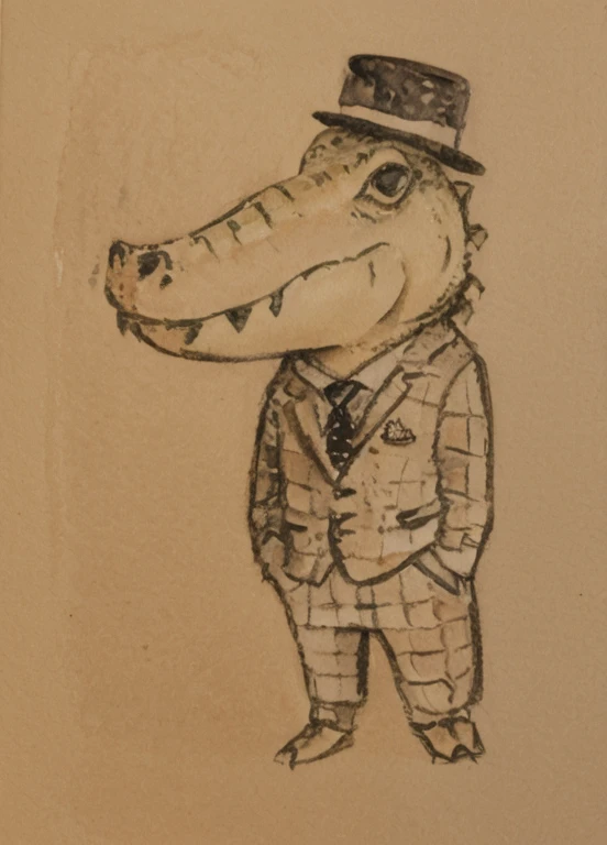 A crocodile in a suit and hat,Color watercolor