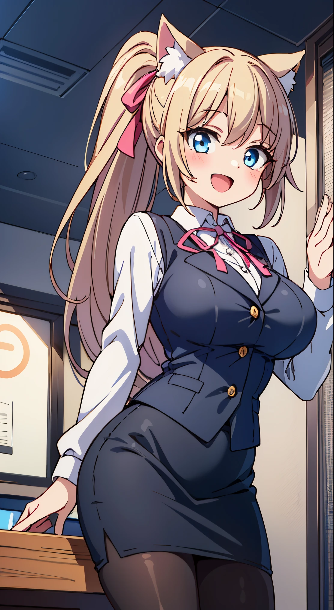 (masutepiece, Best Quality, Perfect Anatomy, High quality:1.4), absurderes, absolutely resolution, unbelievable Ridiculous, hight resolution, ultra-detailliert, Official art, Unity 8k壁纸, Kinetic typography,nice hand, Perfect hands, Detailed beautiful hands, Large_filesize, fulcolor, hight resolution, symmetric, exceptional, Best aesthetic, newest, Anime, very beautiful detailed body,The hair,faces,The eye, BREAK, Methods of geometry,Careful explanatory anatomy, BREAK, 1 beautiful girl, ( girl), Very detailed, colourfull, highest details, BREAK, (Huge breasts: 1. 2,), Clear skin, Beautiful skin, Shy skin, 1 beautiful girl, Brown hair, (Cat ears, Ponytail, medium-Long hair: 1. 2), (Light blue eyes, long eyelashes, Double eyelids: 1. 2),Solo,gleaming skin, Clear skin, Beautiful skin,(best quality face),(Top quality glowing eyes),(The best smile,:D:1.45),

BREAK,(white and gray theme:1.3), (wearing in [[white and gray check pattern]] Vest worn over white collared long-sleeved shirt:1.4), (gray vest with buttons:1.2),
BREAK (Pink Theme:1.2), (pink ribbon bow:1.3),
BREAK (Black theme:1.4), (Tight black pencil skirt:1.5), (pantyhose:1.3), (high-heels:1.1),


BREAK ,(Office, desk work, whiteboard, sofa, buildings from window,Makuhoku Computer,
(upward looking gaze :1.2) ,
Looking Up ,
From  above ,depth of fields,

 BREAK,wakame,wakame,wakame,(Cowboy Shot:1.4), 

BREAK,(Blurry background:1.3),(absurderes, hight resolution, Super Detail Art),cel shading,Clear Color, Lonely optical effect, Beautiful pictures, Bright glow, mystic atmosphere,(Close-up of girl:1.1), Mystical light particle effect,manga influence, clean line drawings,