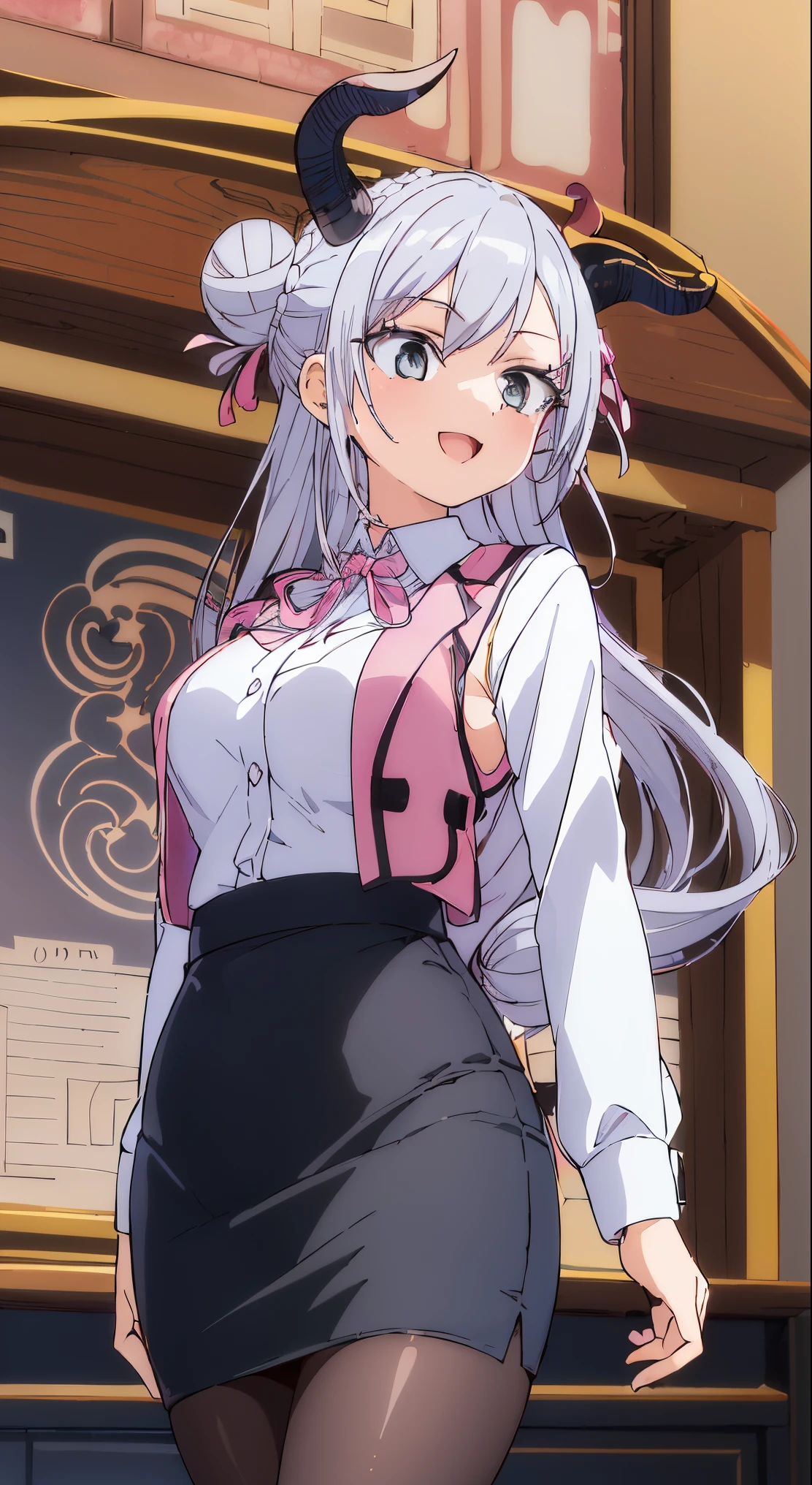 (masutepiece, Best Quality, Perfect Anatomy, High quality:1.4), nice hand, Perfect hands, Detailed beautiful hands, Large_filesize, fulcolor, hight resolution, symmetric, exceptional, Best aesthetic, newest, Anime, very beautiful detailed body,The hair,faces,The eye,BREAK,



(masutepiece, Best Quality, Perfect Anatomy, High quality:1.4), nice hand, Perfect hands, Detailed beautiful hands, Large_filesize, fulcolor, hight resolution, symmetric, exceptional, Best aesthetic, newest, Anime, very beautiful detailed body,The hair,faces,The eye,BREAK, 1 beautiful girl, 1girl in, (Cute:1.5),(Cool:0.8), (Beauty:1.5),(Chibi:0.5), ( girl), (girl, Older sister, Unclear, Beautiful face of Japan:1.2) BREAK, (A detailed eye,Tsuriformes:1.2),(Silver hair,Long hair in a bun,ox’s horn,Deco:1.8), Star eyes silhouette thick eyelashes, Double eyelids:1.2), cleavage,Swaying udder, Clear skin, Beautiful skin, Shy, Erect ,Clear skin, Beautiful skin, Shy, gleaming skin,(best quality face),(Top quality glowing eyes),(The best smile,:D:1.45)

【pronpt】
＜Quality Improvement Prompt＞
＜Character appearance、Background and other prompts REAK (white and gray theme:1.3), (wearing in [[white and gray check pattern]] Vest worn over white collared long-sleeved shirt:1.4), (gray vest with buttons:1.2),
BREAK (Pink Theme:1.2), (pink ribbon bow:1.3),
BREAK (Black theme:1.4), (Tight black pencil skirt:1.5), (pantyhose:1.3), (high-heels:1.1),

BREAK ,(Office, desk work, whiteboard, sofa, buildings from window,Makuhoku Computer,
(upward looking gaze :1.2) ,
Looking Up ,
From  above ,depth of fields,

 BREAK,wakame,wakame,wakame,(Cowboy Shot:1.4), 

BREAK,(Blurry background:1.3),(absurderes, hight resolution, Super Detail Art),cel shading,Clear Color, Lonely optical effect, Beautiful pictures, Bright glow, mystic atmosphere,(Close-up of girl:1.1), Mystical light particle effect,manga influence, clean line drawings,
