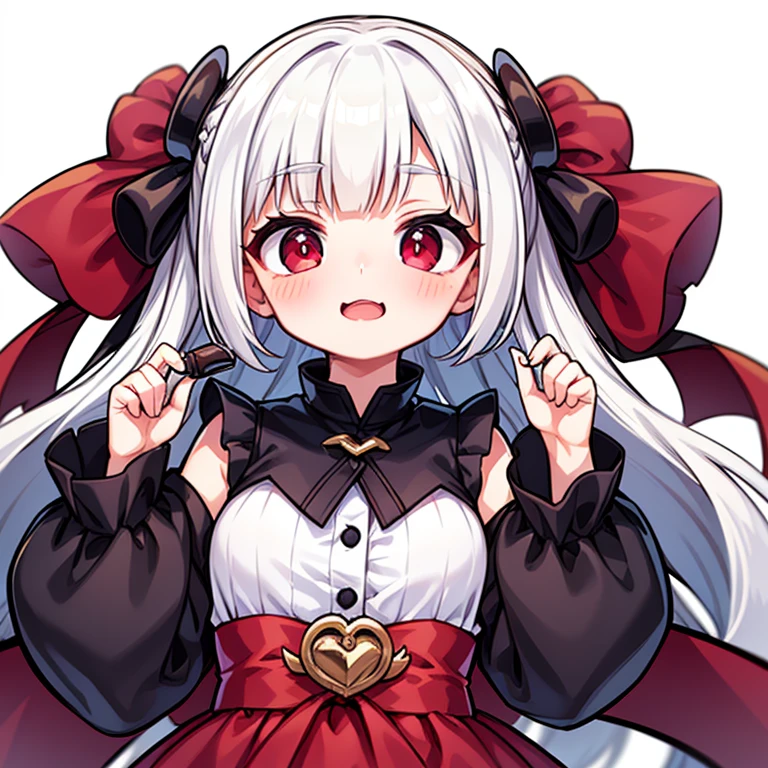 masterpiece, best quality, 1girl, adult body, white hair, brown eyes, long hair, (old outfit), (80s), pink short skirt, front view, standing, lighting, (white background), effect heart, shy, headwear, hands behind the back, medium chest, thick legs, thick thighs