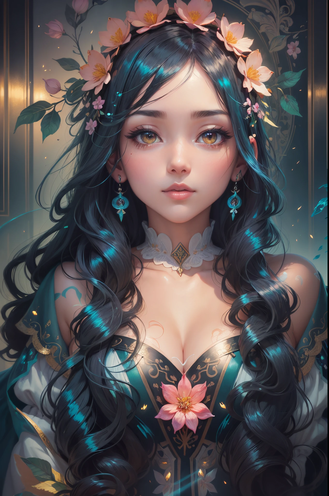 woman, age 30, milf, with an aura of mystery and enchantment, practicing ancient rituals amidst a forest illuminated by magical lights, intricate details