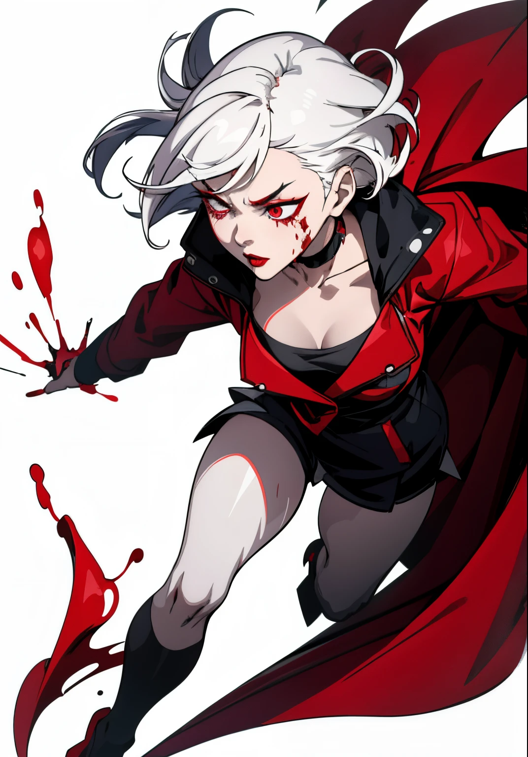 Cute girl, Her hair is short white, sharp eyes, blood running from her nose, beautiful red lips, gloomy face, black jacket.Blood dripping from her nose, full body