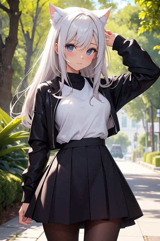 foto de corpo inteiro,cat ears on the head of a beautiful young woman wearing a short skirt, usando meias preta longas e sueterpreto apertado ,corpo inteiro na foto,floresta a noite varias luzes,belas coxas, coxas lindas belhos olhos escuros detalhados, sueter branco apertado,maio apertado , tight pantyhose, mini saia , ceu limpo a noite com estrelas numa floresta a noite,short curto linda jovem, olhos sedutores feminino.CABELO CURTO PRETO((CABELOS CURTO PRETO))