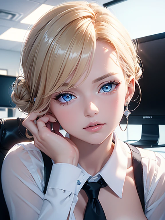 (ultra detailed 8k cg, ultra realitsic, masterpiece), spotlight, office, cinematic lighting, cinematic bloom, professional photography, light blue eyes, blonde hair, updo hairstyle, swept-side bang, milf, elegant office worker, straight nose, thin lips, well-defined wide shoulders, big breasts, cleavage, gorgeous female, sleeveless button-up shirt, shiny, glint, diamonds, looking at viewer, serious, formal