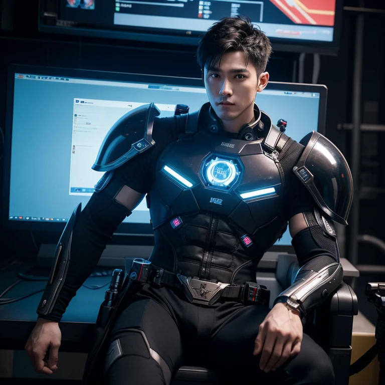 Cyberpunk world，scientific fiction，male people: 28 year old，china idol，Wearing a mech suit，For handsome guys，CG animation，burly build