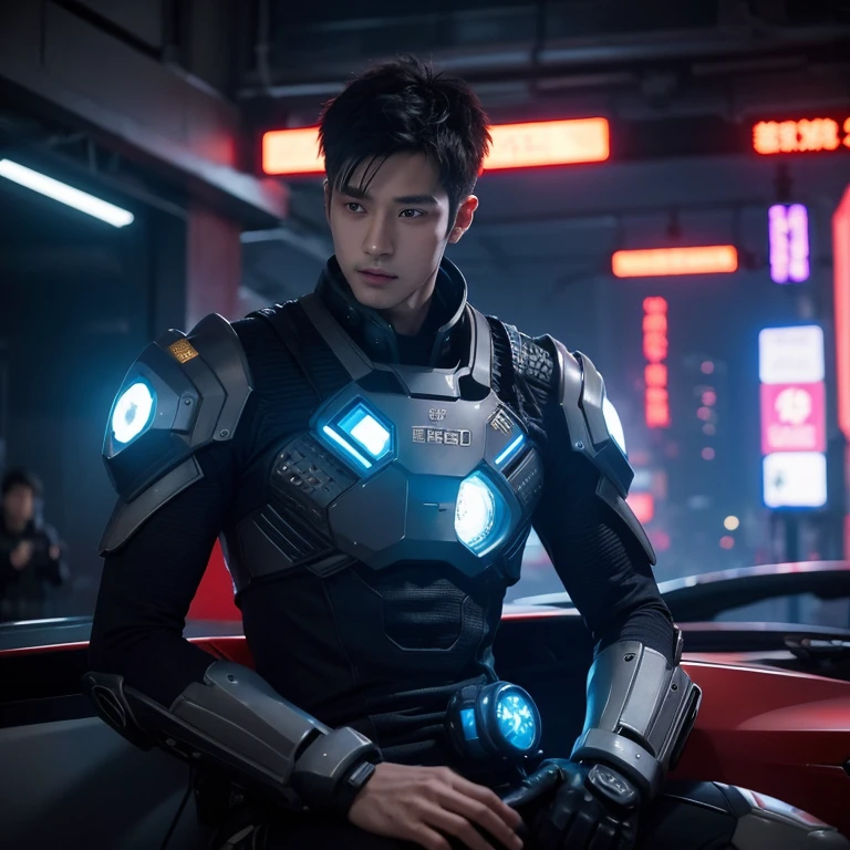 Cyberpunk world,scientific fiction,male people: 28 year old,china idol,Wearing a mech suit,For handsome guys,CG animation,burly build