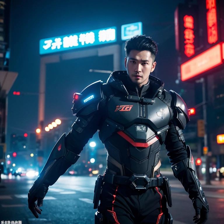 Cyberpunk world,scientific fiction,male people: 28 year old,china idol,Wearing a mech suit,For handsome guys,CG animation,burly build