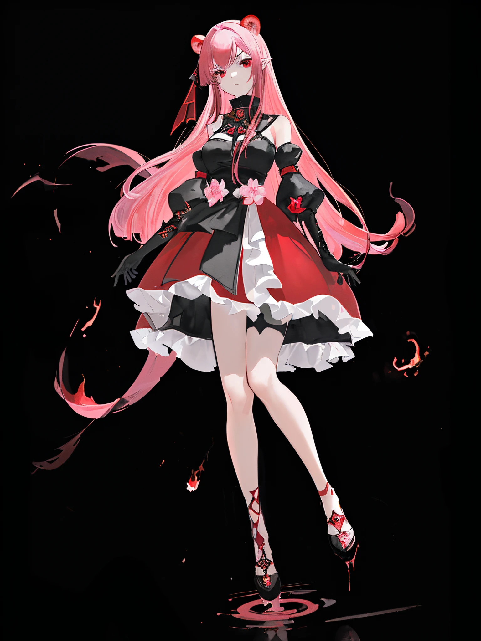 (best quality, masterpiece:1.2),1girl,middle parted bangs,cropped shoulders,Black and red dress,Black gloves,,Keep one's mouth shut,shift dresses,gloves on the elbow,Fluttering,mitts,Pink hair,hamel,,long whitr hair,looki at viewer，nabel，独奏，Very long hair，red - eyed,beast ear，coda，The expression is serious，clothing cutout，Surrounded by red flames，Hold the magic ball in your hand，The expression is meticulous