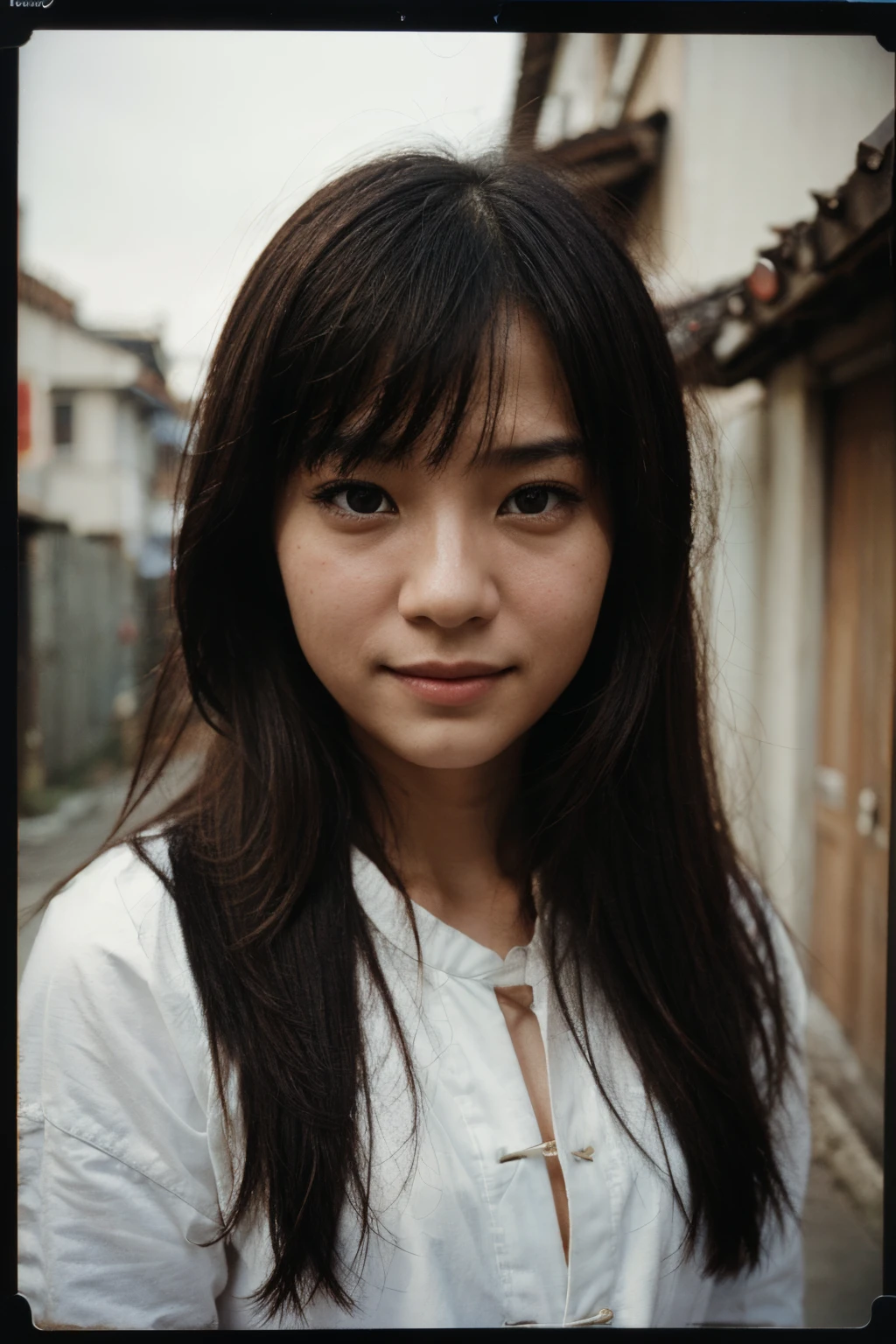 1girl, portrait of a girl, aoqun, chinese style, polaroid,film, graininess,smile,cold, realstic, highres, high detail, photography, RAW, real life,xxmix_girl