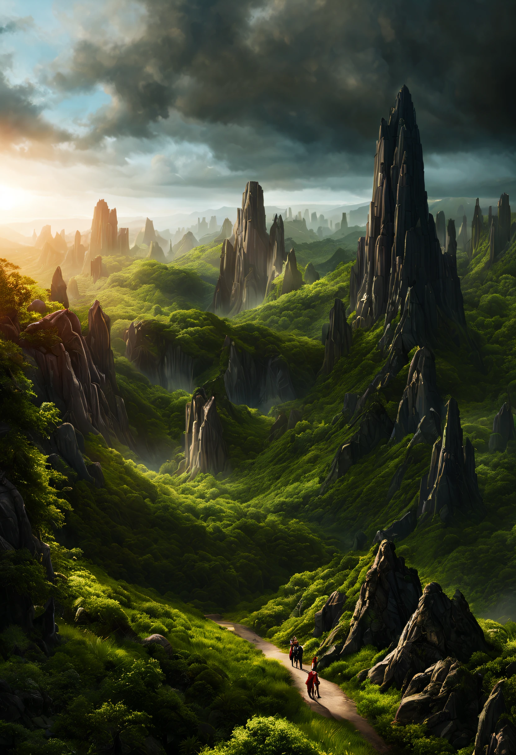 create a digital matte painting of a giant rocky forest in a science fiction movie setting with ancient stone temples embedded in tall rocks in a clearing in the center of a dense, wide forest of giant trees and plants,in the sky of this illustration, um astronauta masculino com uniforme branco caminha em uma estrada de pedras perto do solo, em frente a uma escadaria gigante de um templo, Detailed and realistic close-up of the astronaut and a field full of red flower buds on the green grass ground next to a path next to the green grass towards the large forest and situated in the background of the scene against the background of a blue sky with 3D clouds white, ultra realism in the matte painting cinematography of the illustration based on the matte painting art of artist Albert Whitlock