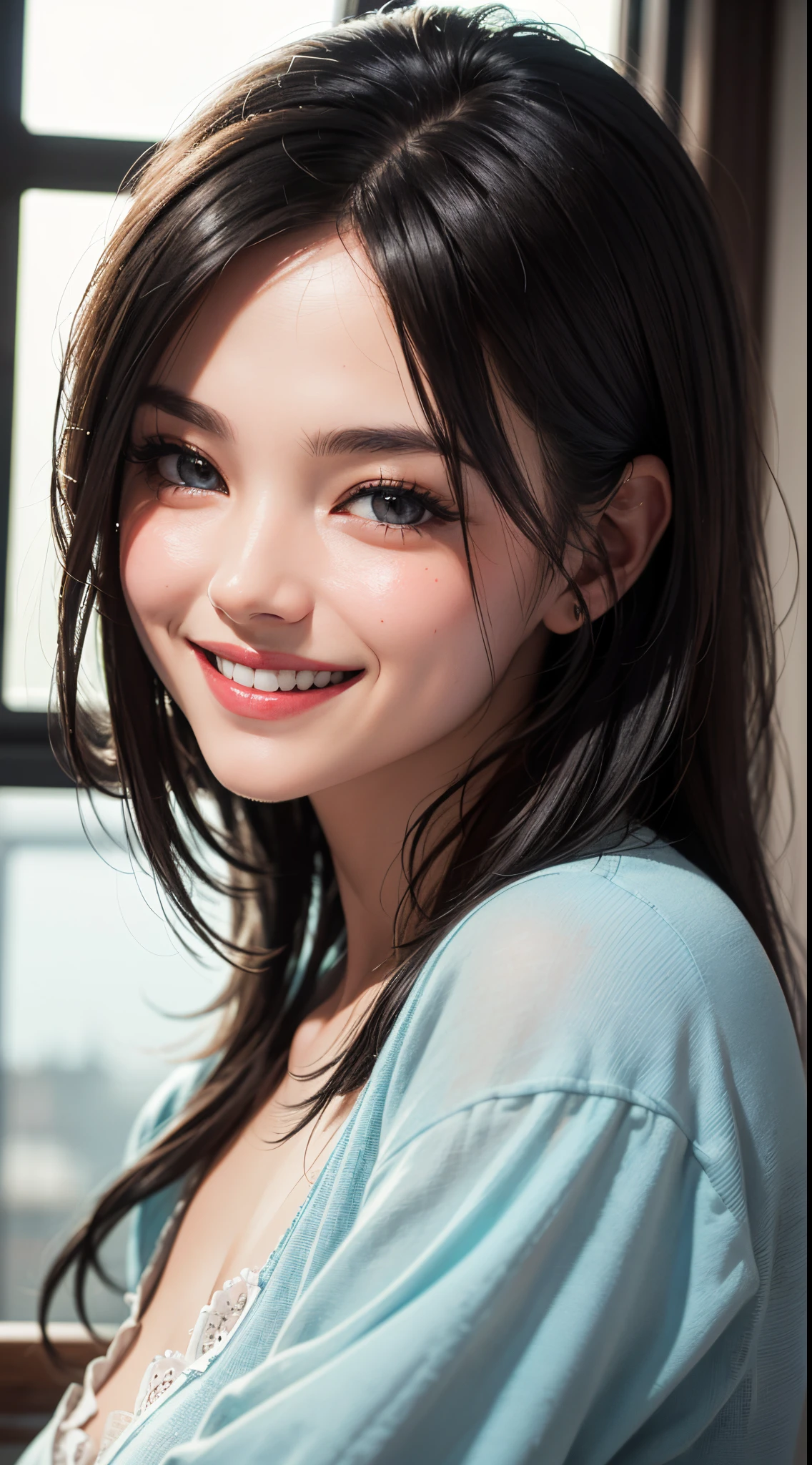 (UHD, retina, masterpiece, ccurate, anatomically correct, textured skin, super detail, high details, high quality, best quality, highres, 1080P, HD, 4K, 8k, 16k), (beautiful detailed eyes, beautiful detailed lips, extremely detailed eyes and face), studio lighting, physically-based rendering, vivid colors, (large breasts, glamorous body), (monotone coordination), (portrait, shiny hair, shiny skin, blush), (natural light window, bokeh), eye reflection, jet black hair, (smile and laugh:1.5),