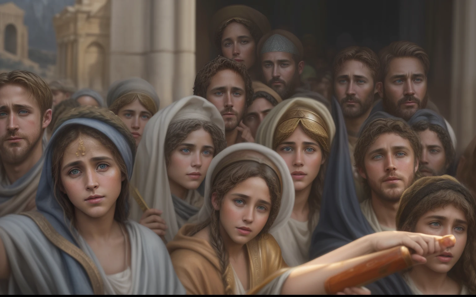 a painting of a crowd of people, epic biblical representation, Deus olhando para mim, Adoradores, foto muito precisa, great likeness, foto viral, foto hyperealistic, biblical image, colorido, big heads, tourist photo, Corrigido, foto selfie, biblical painting, highlighted face, Tim Hildebrant, biblical art style, Ryan Gosling as Roman statue