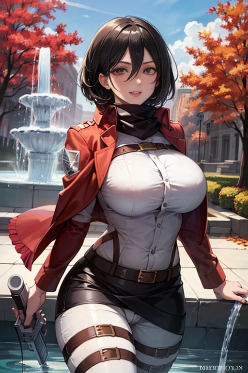 (masterpiece, best quality, glowing light, glistening, shiny skin, ultra detailed, detailed background, complex background),(perfect face, detailed face, detailed eyes, perfect hands, perfect fingers), (large boobs:1.2,smile),(mature female:1.4),cowboy shot, thicc, big breast, cleavage, black hair, MILF, perfect curvy shaped body,
mikasa_ackerman, ((gradient hair)),multicolored eyes, gradient eyes, (glowing eyes:1.5), mascara, (fashion make up), parted lips, scarf, jacket, thigh strap, bikini and bra, belt, emblem, three-dimensional maneuver gear, red scarf, boots, dual wielding, training corps (emblem)
((park, fountain, leaves in the air, wall, autumn, trees)),((super detailed background)), dynamic poses, ((8k wallpaper)),