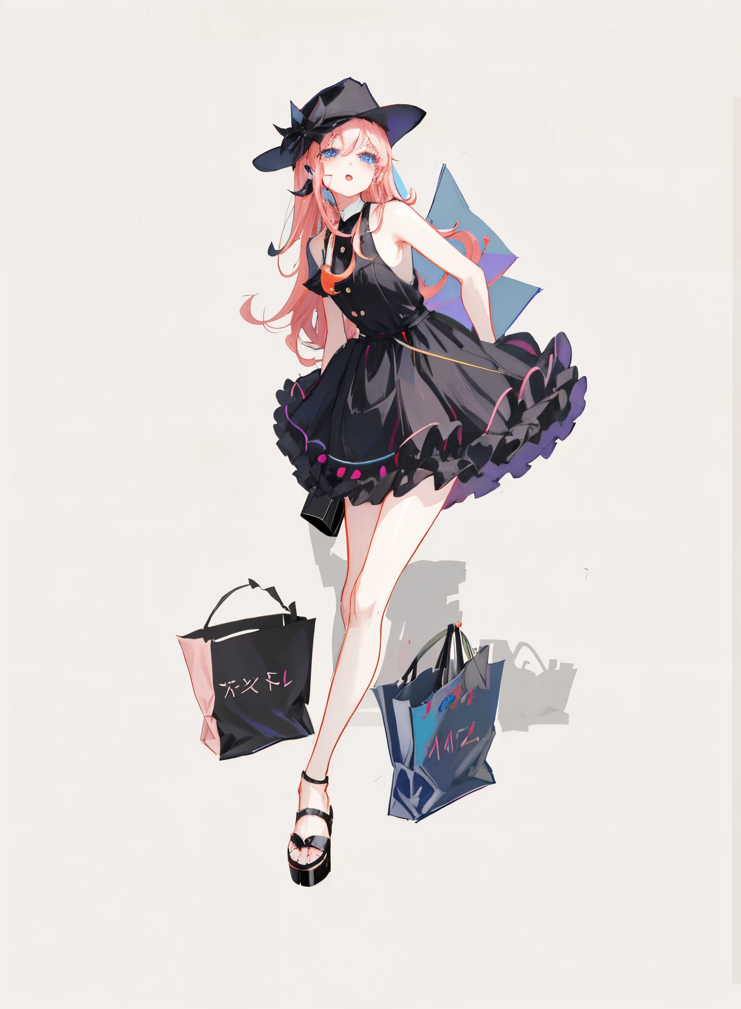 wearing a black dress、With a hat on、Anime girl holding shopping bags, Anime girl in black dress, fashionable girl, high-heels. style of anime, loli in dress, high quality character design, Girl with pink hair, guweiz, style anime, Cute anime waifu wearing nice clothes, Beautiful girl with long pink hair,Nice face,High-quality character design