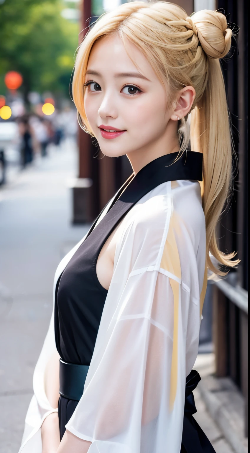 (((Flashy kimono、Bun head、From the side)))、(walking sideways、In the street、natta、Side breasts visible through clothes、Open chest、Facing to the side、Angle from above)、(very dark lipgloss、Pure Black Lipstick、So many eyelashes、Pure black eyeshadow)、 Color bra、The FW、8K、Raw photography、top-quality、hight resolution:1.1、hyper realisitic:1.4、realisitic、The ultra-detailliert、Photorealsitic:1.3、absurderes、​masterpiece、ulzzang -6500-v1.1:0.33、Beautiful_mistake-6500:0.66、pureerosface_v1:0.33、Raw foto:1.2、Open mouth、Soft light、Cinema Lightilm Grain、full body Esbian、depth of field background、eyes focus、POV、20yr old、85mmレンズ、F/1.4、professionally lit、portlate、Photon mapping、Radio City、physically-based renderingt、Transparency、a japanese girl、sexual excitement:1.5、Lifelike face、Realistic body、real looking skin、huge-breasted:1.3、Teardrops、Teary-eyed、Raised eyebrows、well-styled、camel's toe、A smile、A charming smile、(Hairstyles tailored to Japan trends in 2023、a blond、cute little:1.5)