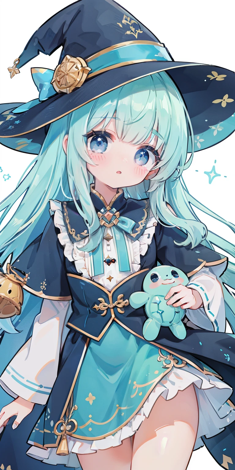 extremely detaild的 CG unified 8k wallpapers, very fine 8KCG wallpapers, hoang lap,Show on the ,Best quality at best ,ultra - detailed ,pretty face ,masterpiece、masterpiece、image quality、quality、Patterson Banglu Hair、Light blue witch costume、a witch's hat、Light blue face、twosideup、light blue eyes、Cute Baby Turtle