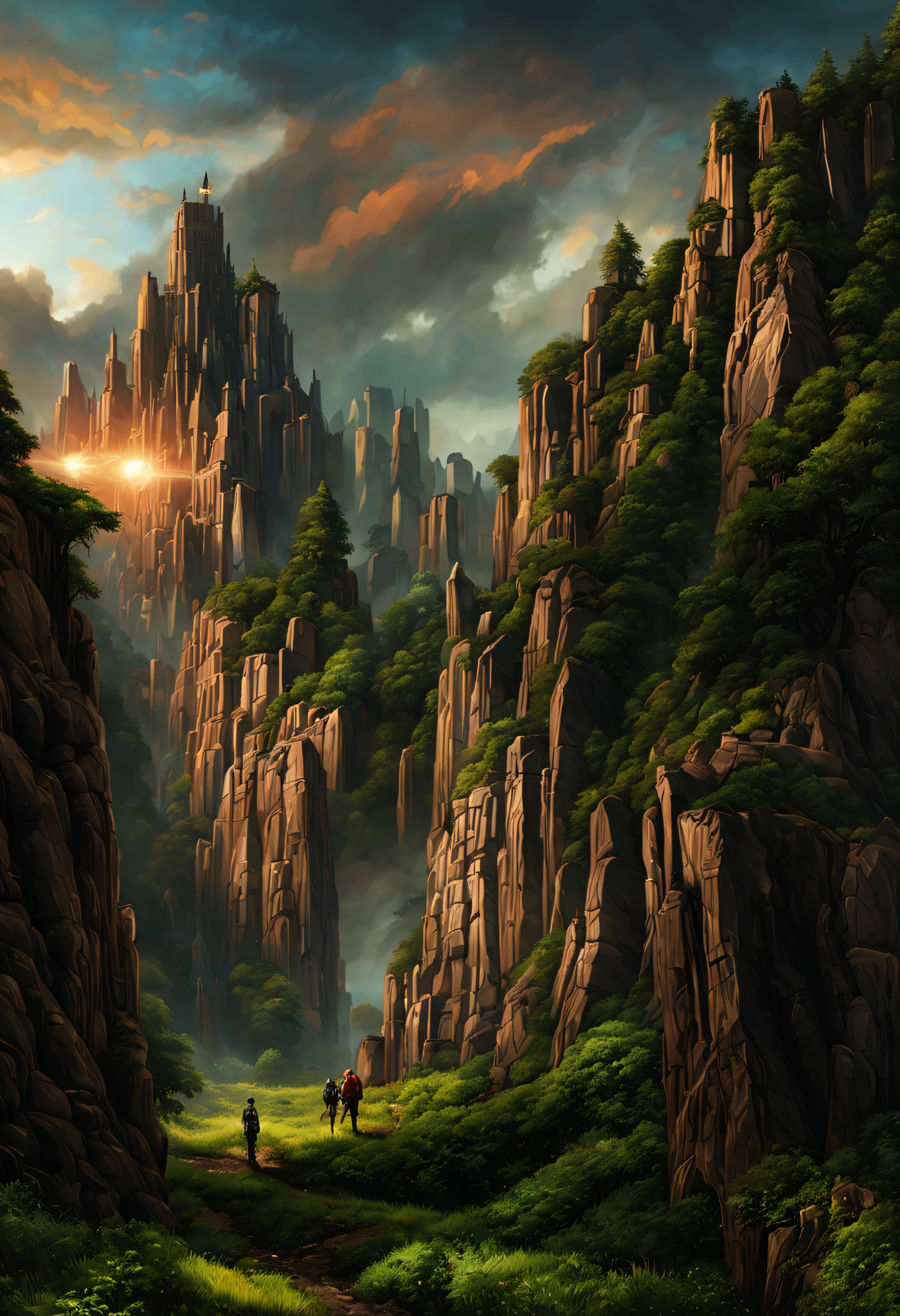 create a digital matte painting of a giant rocky forest in a science fiction movie setting with ancient stone temples embedded in tall rocks in a clearing in the center of a dense, wide forest of giant trees and plants,in the sky of this illustration, um astronauta masculino com uniforme branco caminha em uma estrada de pedras perto do solo, em frente a uma escadaria gigante de um templo, Detailed and realistic close-up of the astronaut and a field full of red flower buds on the green grass ground next to a path next to the green grass towards the large forest and situated in the background of the scene against the background of a blue sky with 3D clouds white, ultra realism in the matte painting cinematography of the illustration based on the matte painting art of artist Albert Whitlock
