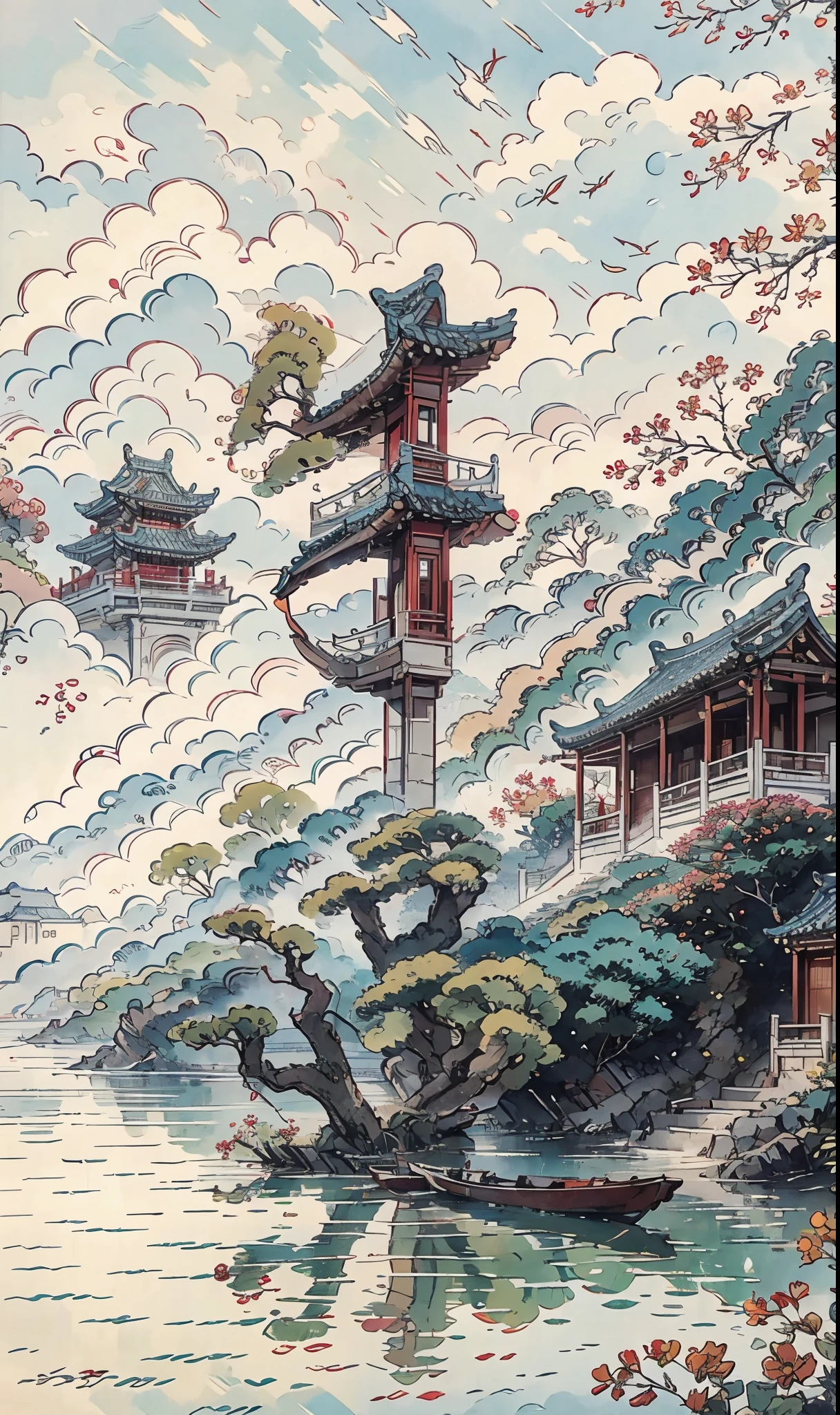 (best quality, HDR, realistic:1.37), ancient Chinese village with traditional houses, towering tower on an island, lush trees in vibrant green, vibrant red accents, serene water reflecting the surroundings, a small boat gently floating,classic ink and wash painting, capturing the essence of Chinese landscape art,intricate architectural details on the traditional houses, delicate carvings and colorful paintings, blooming flowers adding bursts of color, traditional lanterns gently swaying in the breeze, a stone bridge connecting the island to the shore,high-resolution (4k, 8k) masterpiece:1.2), ultra-detailed, professional lighting, capturing every fine brushstroke and texture,scenic landscape, traditional Chinese art, blending realism with a touch of tranquility,a harmonious blend of vibrant greens and rich reds, contrasting against the serene blue of the water,soft sunlight casting a warm glow over the entire scene, creating a sense of peacefulness and serenity