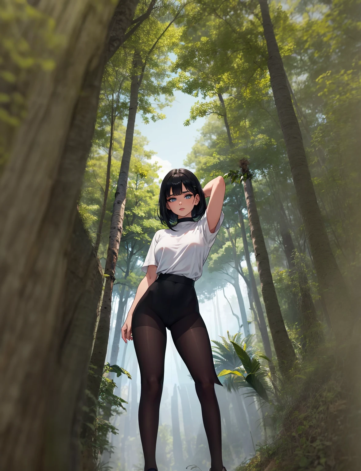 anime girl in black tights posing in the forest with her hands on her head, arte cg anime suave, Arte no estilo de Guweiz, Commission for High Res, retrato de corpo inteiro de um curto!, Digital anime illustration, Artgerm extremamente detalhado, menina anime sedutora, Estilo anime 3D realista, arte de anime realista