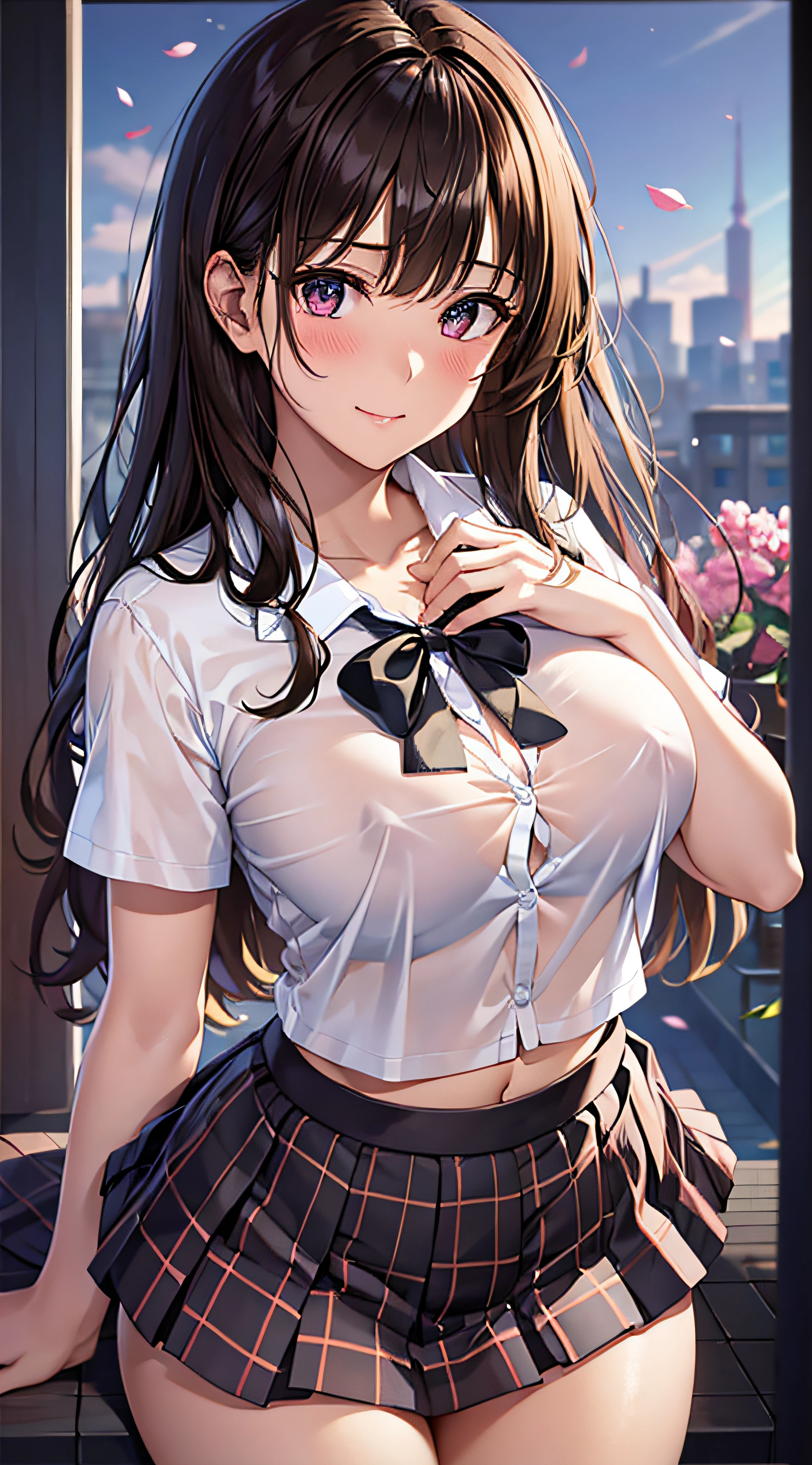 ((masutepiece, Best Quality, hight resolution, nffsw, Perfect Pixel, 4K, nffsw, nffsw))), 1girl in, Single, Solo, Beautie、full body seen、 ((Middle Wave Hair, Bangs, Brown hair)), ((Brown-eyed, Beautiful eyelashes, Realistic eyes)), ((Detailed face, Blushing:1.2)), ((Smooth texture:0.75, Realistic texture:0.65, Photorealistic:1.1, Anime CG style)), medium breasts, Dynamic Angle, Perfect body, ((School uniform, White shirt, Black skirt, Unbuttoned shirt、(no-bra、See-through nipples)、plaid skirts、)), Classrooms without people、‎Classroom、early evening、((all-fours、Looks Back、Transverse breasts))、Very embarrassing panic smile、(Lift the skirt with your right hand、rubbing the chest with the left hand、Pink floral lace panties)、、(Cute floral bra)、