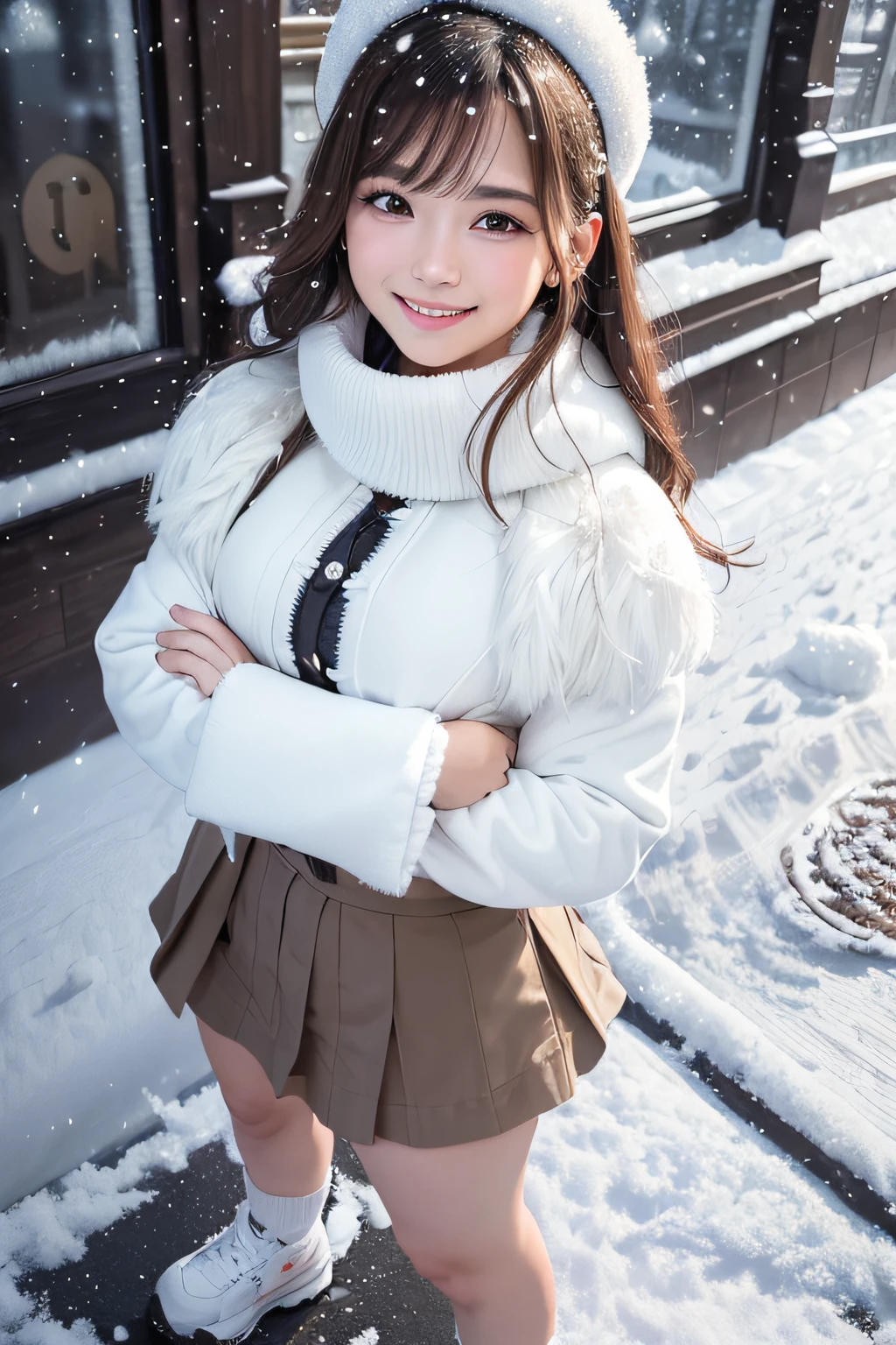(Highly detailed CG Unity 8k wallpaper, of the highest quality, Ultra-detailed, High resolution, masutepiece, Realistic, Photorealistic:1.5), (cute Japanese girls), extra detailed face, Face Focus, Beautiful detailed eyes, Eye focus, (Detailed background), detailed  clothes, super detailed skin, (Wear cute clothes and skirts:1.6), (wearing a plump and fluffy coat:1.5), (Sidewalks in Shibuya:1.5), Midi wavy hair, Brown hair, Floating hair, medium breasts⁩, medium ass, (make up), (Adorable smile:1.3), (Looking at Viewer:1.4), ((Dynamic Pose)), (yuki:1.6),