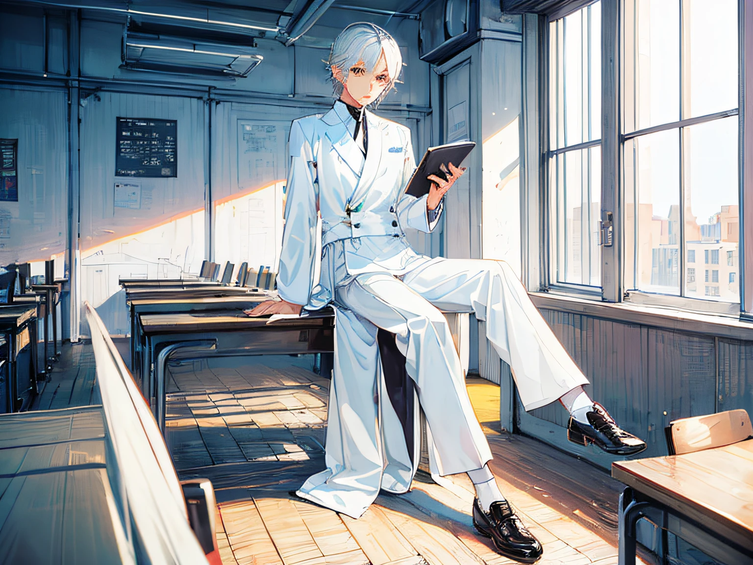A boy with,in class room,book in hand,white color hair,White color blouse,black trouser suit