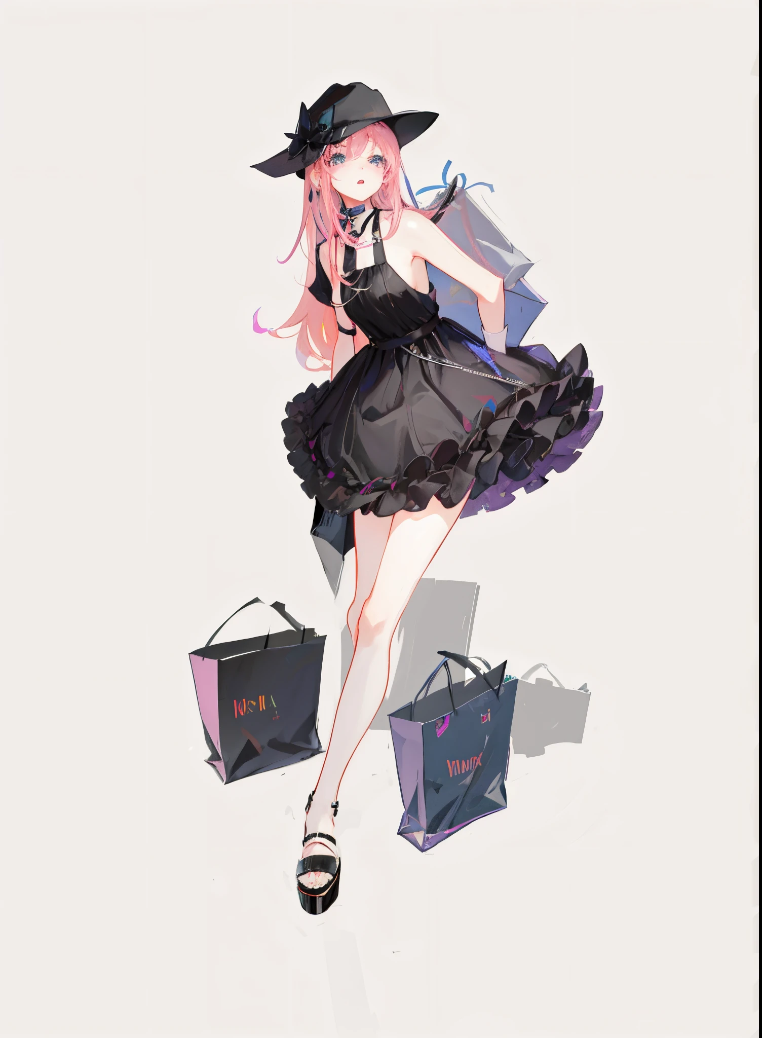 Wearing a black dress、With a hat on、Anime girl holding shopping bags, Anime girl wearing black dress, Stylish girl, sh, high-heels. Anime style by pixiv, lolidress, high quality character design, Girl with pink hair, guweiz, style anime, Cute anime waifu wearing beautiful clothes, Pixiv style, Beautiful girl with long pink hair