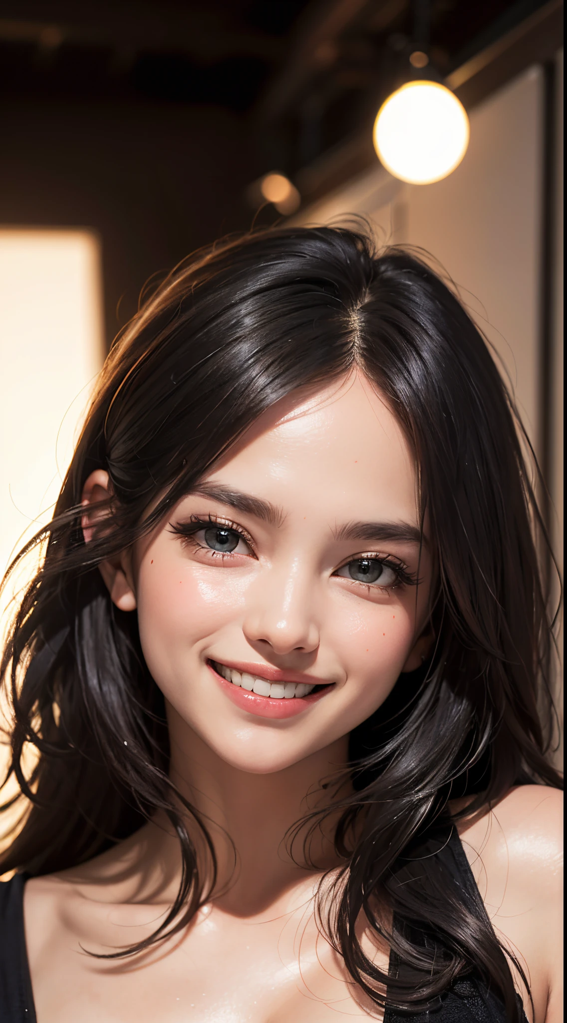 (UHD, retina, masterpiece, ccurate, anatomically correct, textured skin, super detail, high details, high quality, best quality, highres, 1080P, HD, 4K, 8k, 16k), (beautiful detailed eyes, beautiful detailed lips, extremely detailed eyes and face), studio lighting, physically-based rendering, vivid colors, (large breasts, glamorous body), (monotone coordination), (portrait, shiny hair, shiny skin, blush), (art gallery wall, bokeh), eye reflection, jet black hair, (smile and laugh:1.5),