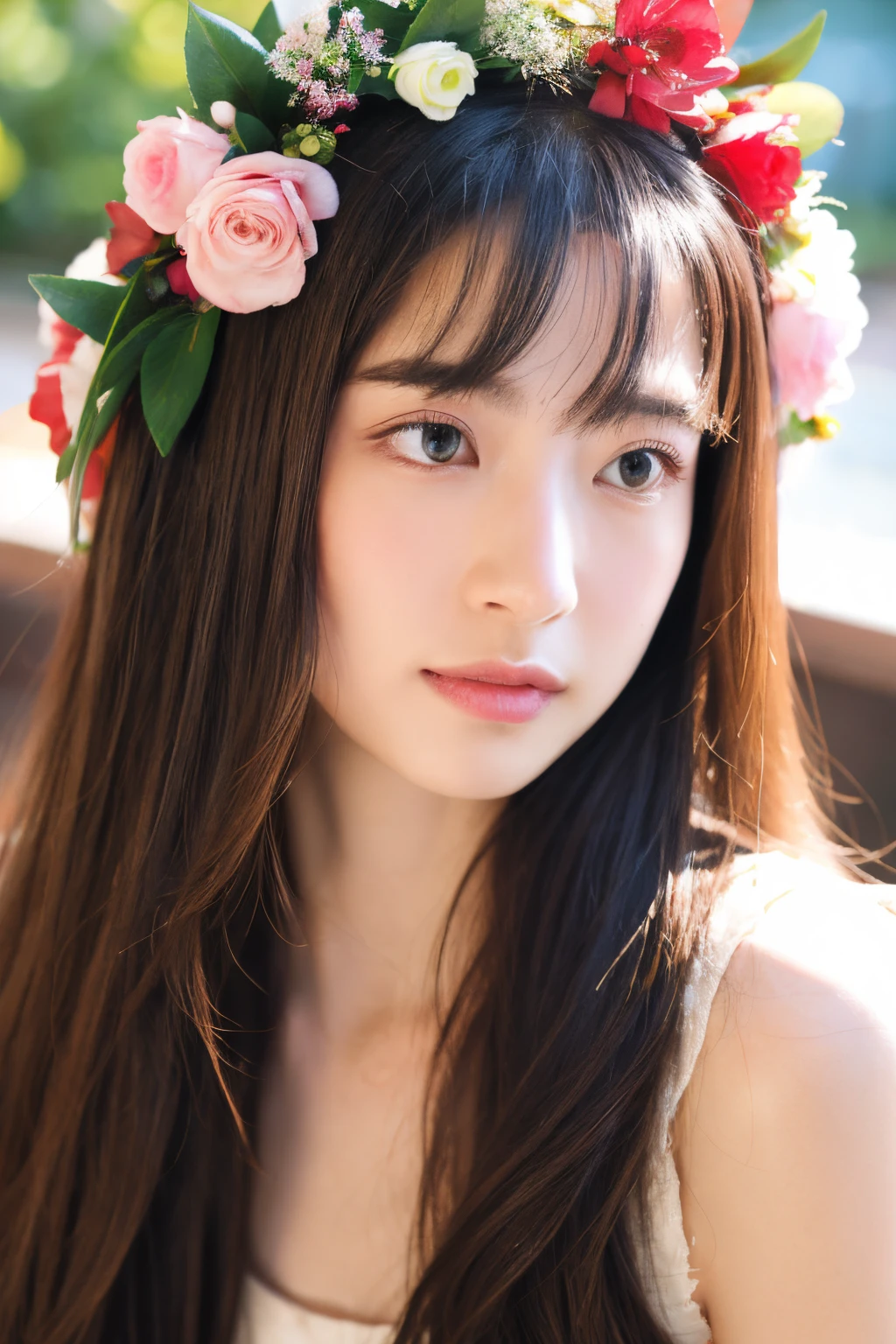 ((Best quality at best)), ((tmasterpiece)), (Detailed pubic hair), s the perfect face,Girlfriend wearing a flower crown sitting in a sea of flowers