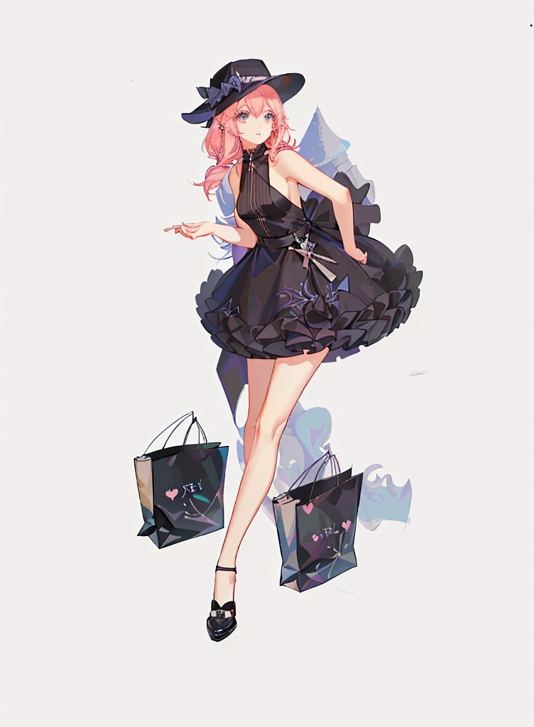 wearing a black dress、With a hat on、Anime girl holding shopping bags, Anime girl in black dress, fashionable girl, sh, high-heels. Anime style from pixiv, lolidress, high quality character design, Girl with pink hair, guweiz, style anime, Cute anime waifu wearing nice clothes, Pixiv style, Beautiful girl with long pink hair