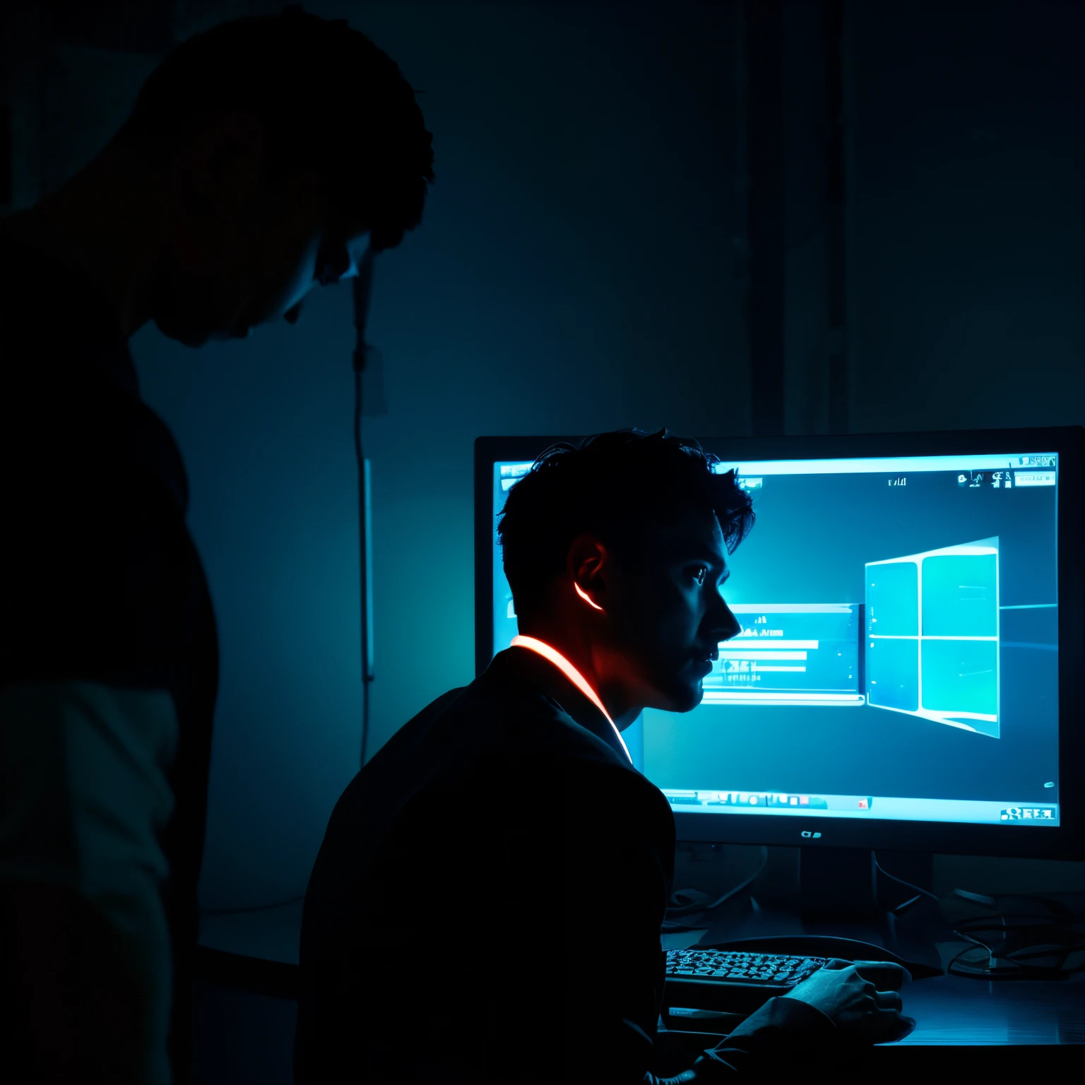 A man looking at a computer in a dark room, back view