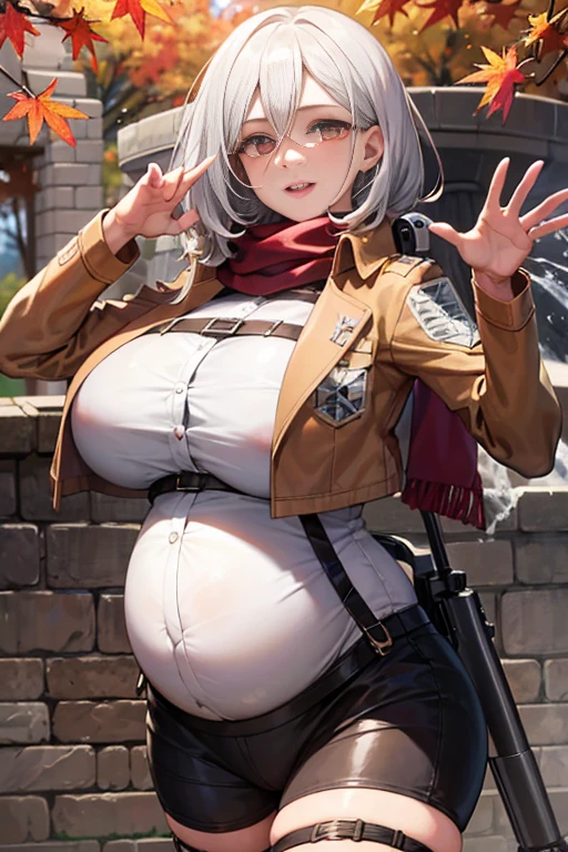 (masterpiece, best quality, glowing light, glistening, shiny skin, ultra detailed, detailed background, complex background),(perfect face, detailed face, detailed eyes,perfect hands,perfect fingers), (large boobs:1.2,smile),(mature female:1.4),cowboy shot,thicc,
mikasa_ackerman,((gradient hair)),multicolored eyes, gradient eyes, (glowing eyes:1.5), mascara, (fashion make up), parted lips, scarf, jacket, thigh strap, paradis military uniform, belt, emblem, three-dimensional maneuver gear, red scarf, boots, dual wielding, training corps (emblem)
((park, fountain, leaves in the air, wall, autumn, trees)),((super detailed background)), dynamic poses, ((8k wallpaper)),, (water belly:1.4), water belly, pregnant, hyper pregnant