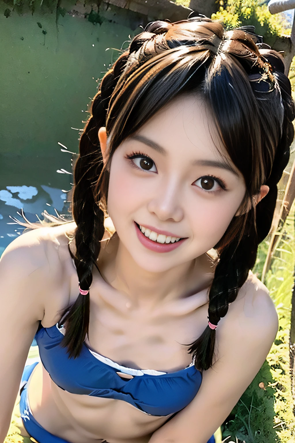 8K, masutepiece, Beautiful Model Girl, 38 years, (((adorable girl))), skinny, thin waist, (flat-chest), heart shape face, ((smile showing teeth)),  Big eyes, eye make up, eye line, ((Swimsuit)), (((light braided hair))),  (hair ponytail),, Cute face, very excited, Thin body, skinny body, Small chest, ,, laying on stomach, , Playful, Big smile,  ((Small chest)), Full body, (((Top-down camera angle of a girl looking up at the camera))),