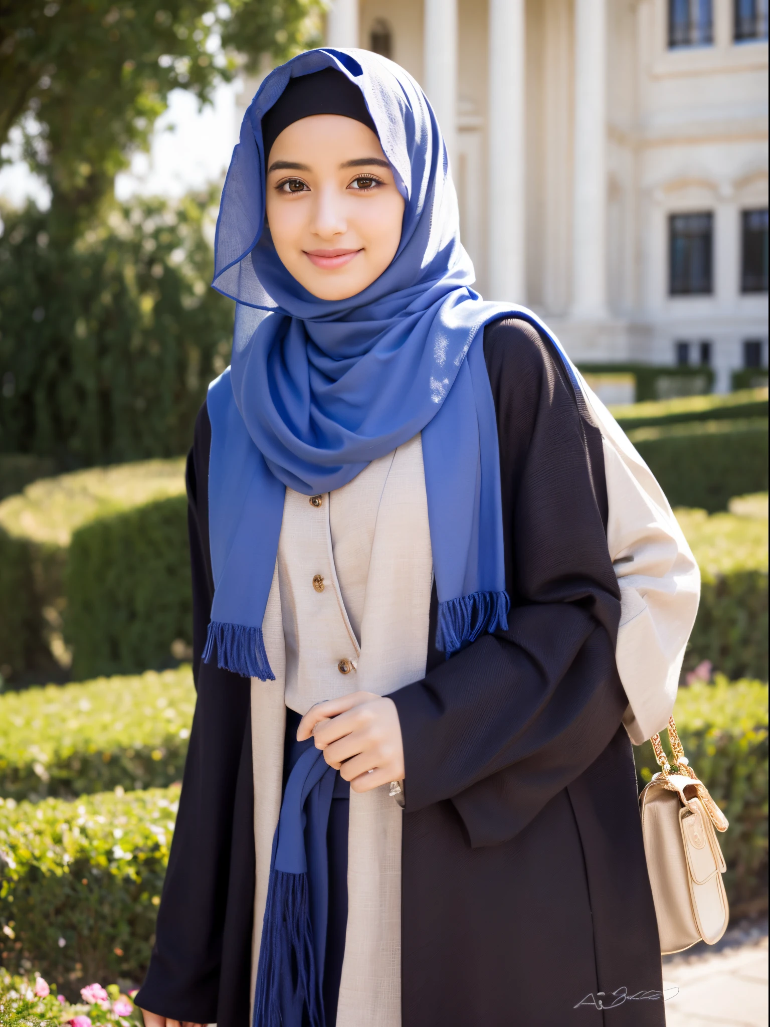 middle eastern girl, hijab, university, half body photo