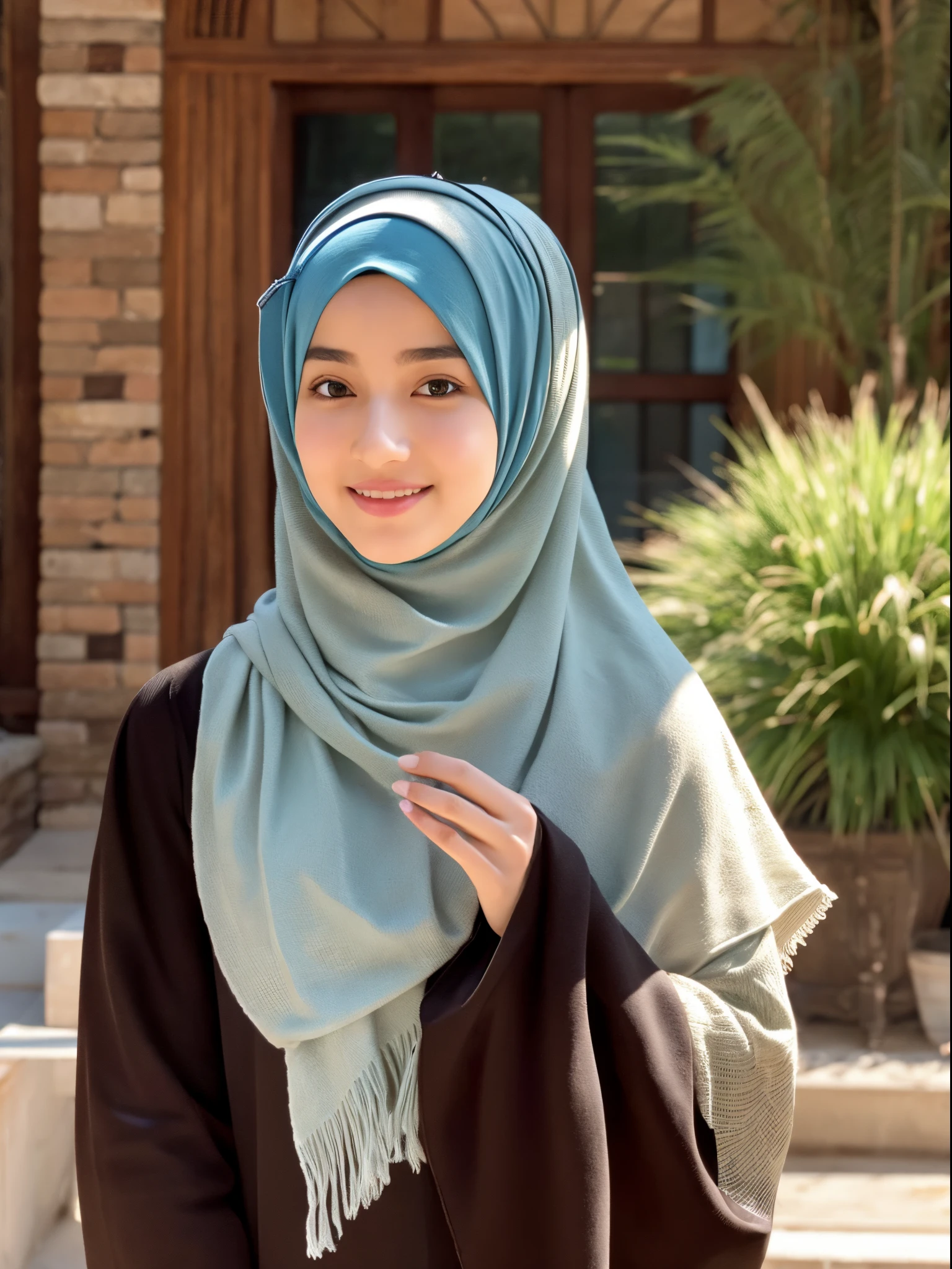 middle eastern girl, hijab, university, half body photo