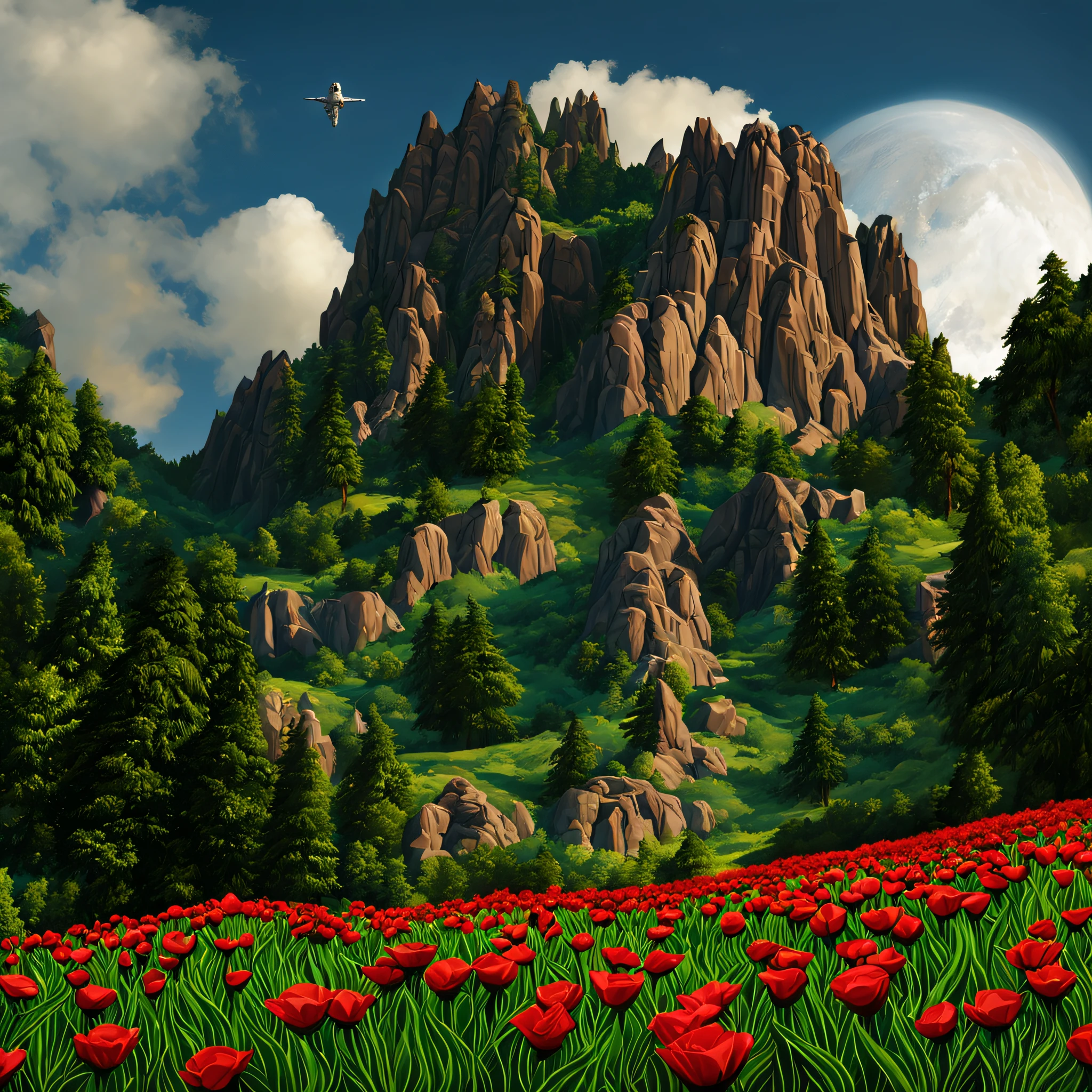 create a digital matte painting of a forest with many tall, green trees, with giant rocky mountains in a science fiction movie setting with ancient stone temples embedded in high rocks in a clearing in the center of a dense and wide forest of giant trees and plants,in the sky of this illustration, um astronauta masculino com uniforme branco caminha em uma estrada de pedras perto do solo, em frente a uma escadaria gigante de um templo, Detailed and realistic close-up of the astronaut and a field full of red flower buds on the green grass ground next to a path next to the green grass towards the large forest and situated in the background of the scene against the background of a blue sky with 3D clouds white, ultra realism in the matte painting cinematography of the illustration based on the matte painting art of artist Albert Whitlock