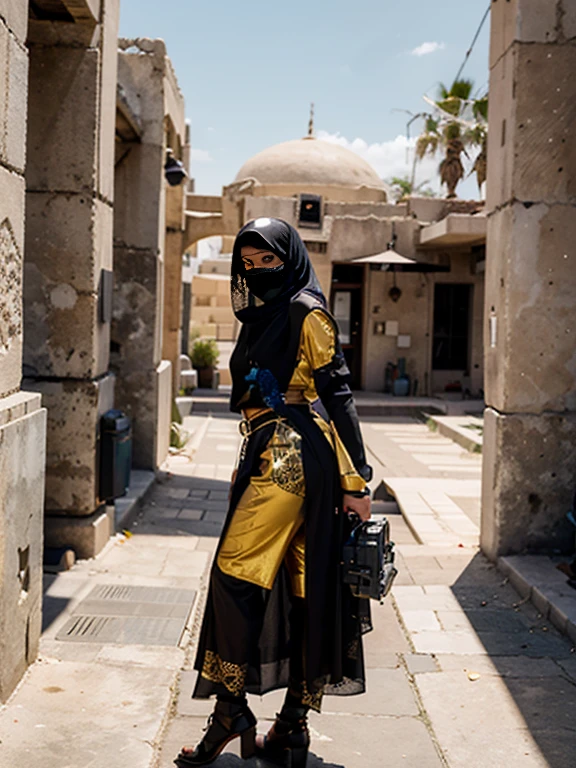 in a panoramic view，fotorrealista，Estilo Cyber Punk，cielo azul, Desierto dorado sin fin，Base militar en el desierto，3chica，She wears a high-tech black Arabic-inspired burqa（burka），Dressed in gorgeous high-tech golden Arabic clothing，Wear a high-tech black headscarf（hijab），High-tech black veil（Niqab），High-tech combat gear hangs from the body，Carry a sci-fi rifle，Sci-Fi Saber，De pie frente a una base militar，ojos agudos，professinal，Meistwick，comisionado，Mejor calidad，Color corregido，After Fixation，retoque，mejora，epopeya，Mapeo de tonos，El detalle， Altamente detallado， Pintura digital， Estaciones de arte， Mapa conceptual de la presa larga， LISURA， foco nítido， Beautiful illustration， phtograph， Rear window light is backlit， dynamic  lighting， niebla， complejo， Cinematographic grain， professinal， cara al espectador，（Hermoso M3D_Mujer， Perfecto M3D_cara,）， volumetric illumination， subsuperficiesdispersión， Aspectos destacados， buenas sombras， cinematiclight, DERPD,