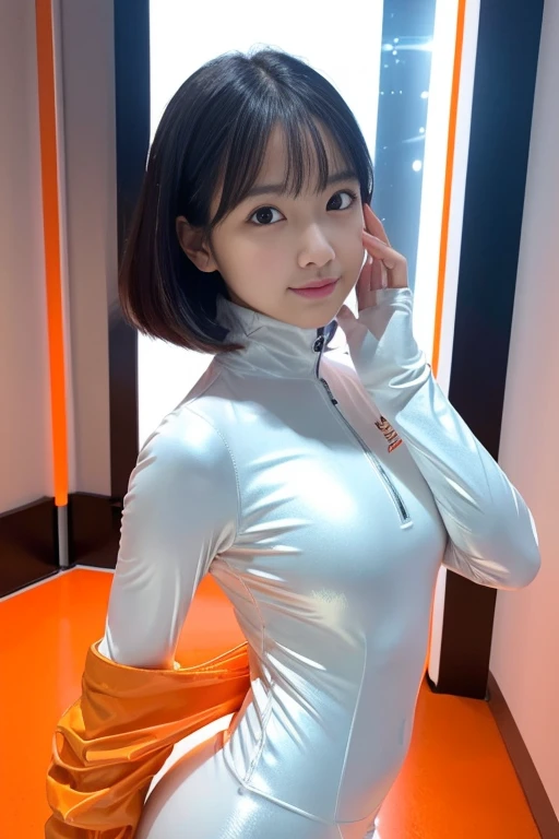(Place your index finger on your chin, bend the index finger, Shiny rubber suit, gazing at viewer, Leaning forward, 1 girl, Looking at Viewer, from the front side, facing straight at viewer, white and orange clothes, White Gloves, futuristic spacesuit, Inside the spaceship room),
Smile, Upper body, body suit, Mini Pencil Skirt, High neck clothing, Hide the neck, drooping eyes, Head tilt, masutepiece, Best Quality, an extremely cute girl, 20 years old, Black hair, orange line in the center of the clothes