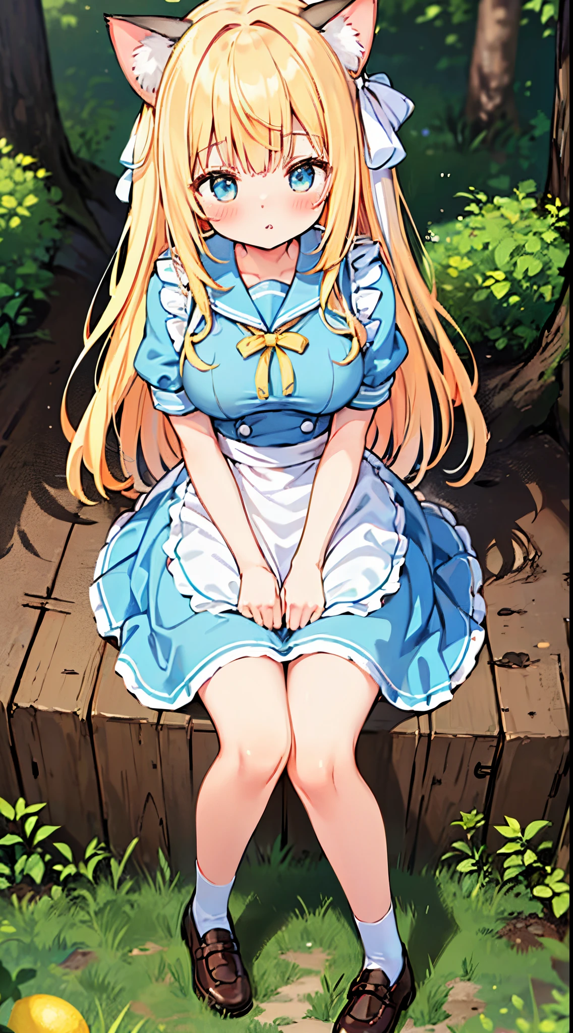 best quality, 4K, nsfw, close up, (alice in wonderland), long hair, two side up, lemon yellow hair, red hair ribbon, cat ears, ((light blue apron dress)), sailor collar, short sleeves, short skirt, (blush), outdoors, [big breasts], hands between legs, pee, peeing self