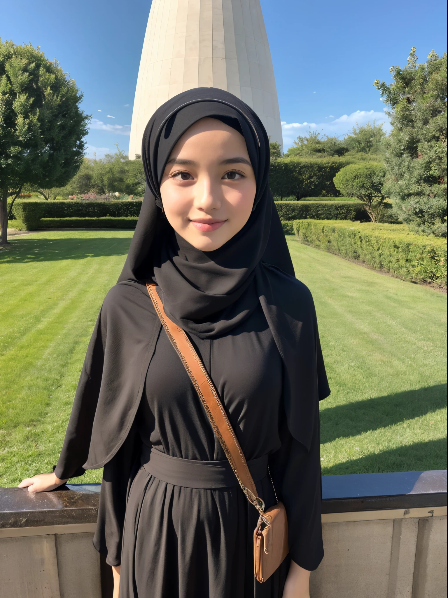middle eastern girl, hijab, gamis, university, half body photo