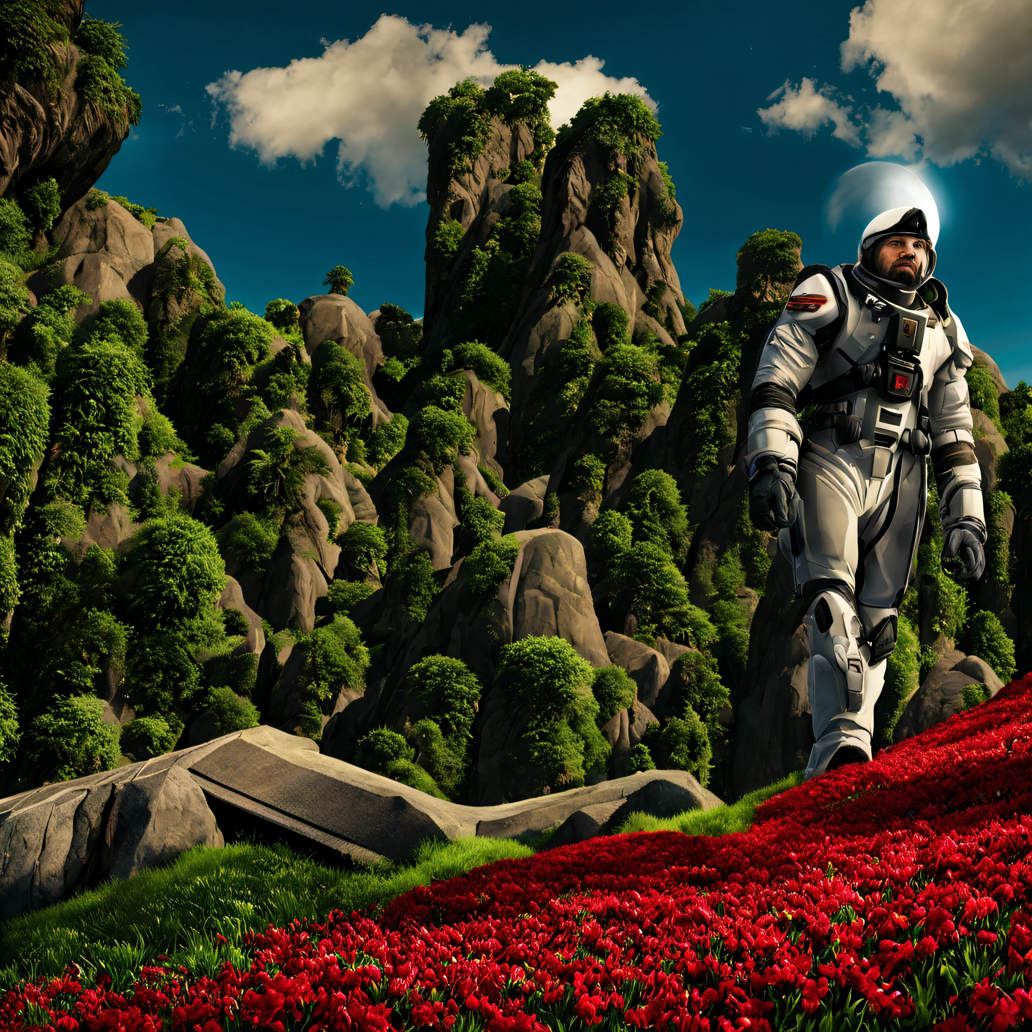 create a digital matte painting of a forest with many tall, green trees, with giant rocky mountains in a science fiction movie setting with ancient stone temples embedded in high rocks in a clearing in the center of a dense and wide forest of giant trees and plants,in the sky of this illustration, um astronauta masculino com uniforme branco caminha em uma estrada de pedras perto do solo, em frente a uma escadaria gigante de um templo, Detailed and realistic close-up of the astronaut and a field full of red flower buds on the green grass ground next to a path next to the green grass towards the large forest and situated in the background of the scene against the background of a blue sky with 3D clouds white, ultra realism in the matte painting cinematography of the illustration based on the matte painting art of artist Albert Whitlock