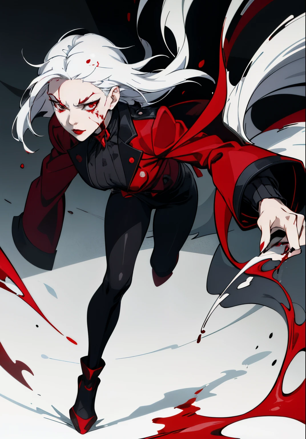 Cute girl, Her hair is short white, sharp eyes, blood running from her nose, beautiful red lips, gloomy face, black jacket.Blood dripping from her nose, full body, White hair, red eyes, Misterbeast