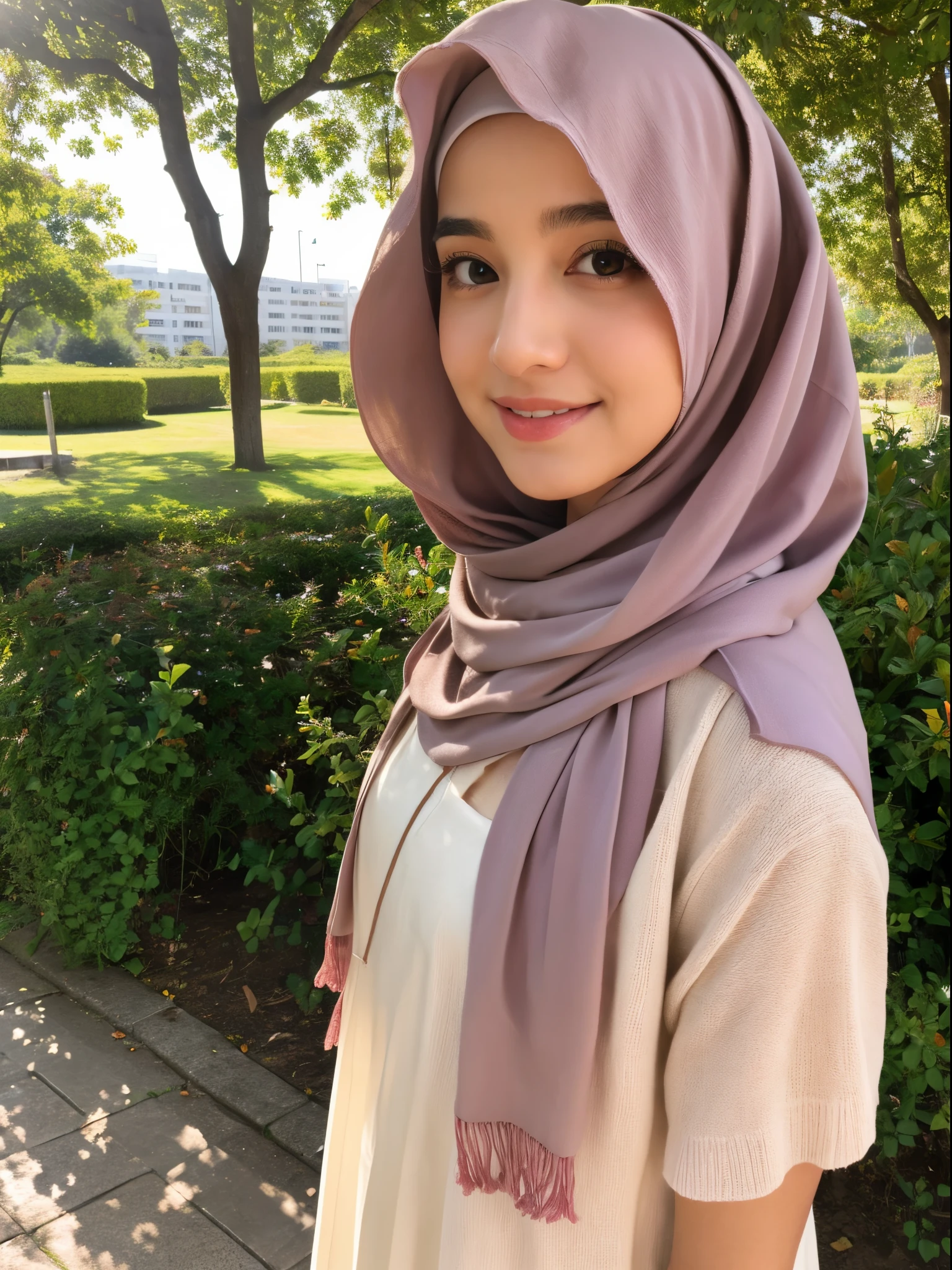 middle eastern girl, hijab, gamis, university, half body photo