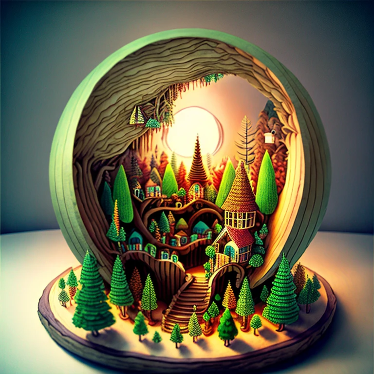 A masterpiece in the form of a wood forest world full of life inside a beautiful, illuminated miniature forest